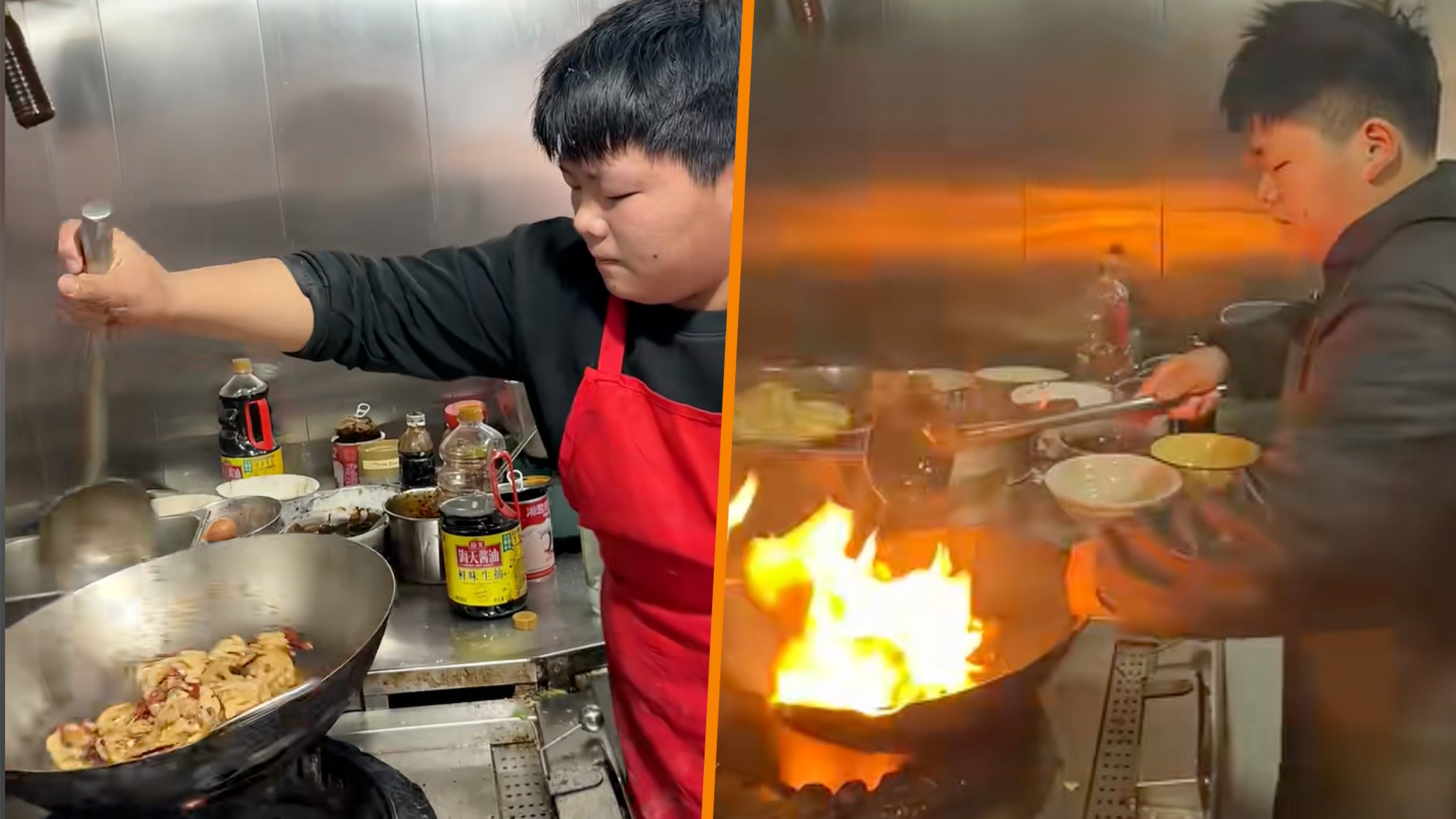 A 13-year-old Chinese boy has garnered online admiration for his cooking skills in his parents’ small noodle restaurant. Photo: SCMP composite/Douyin