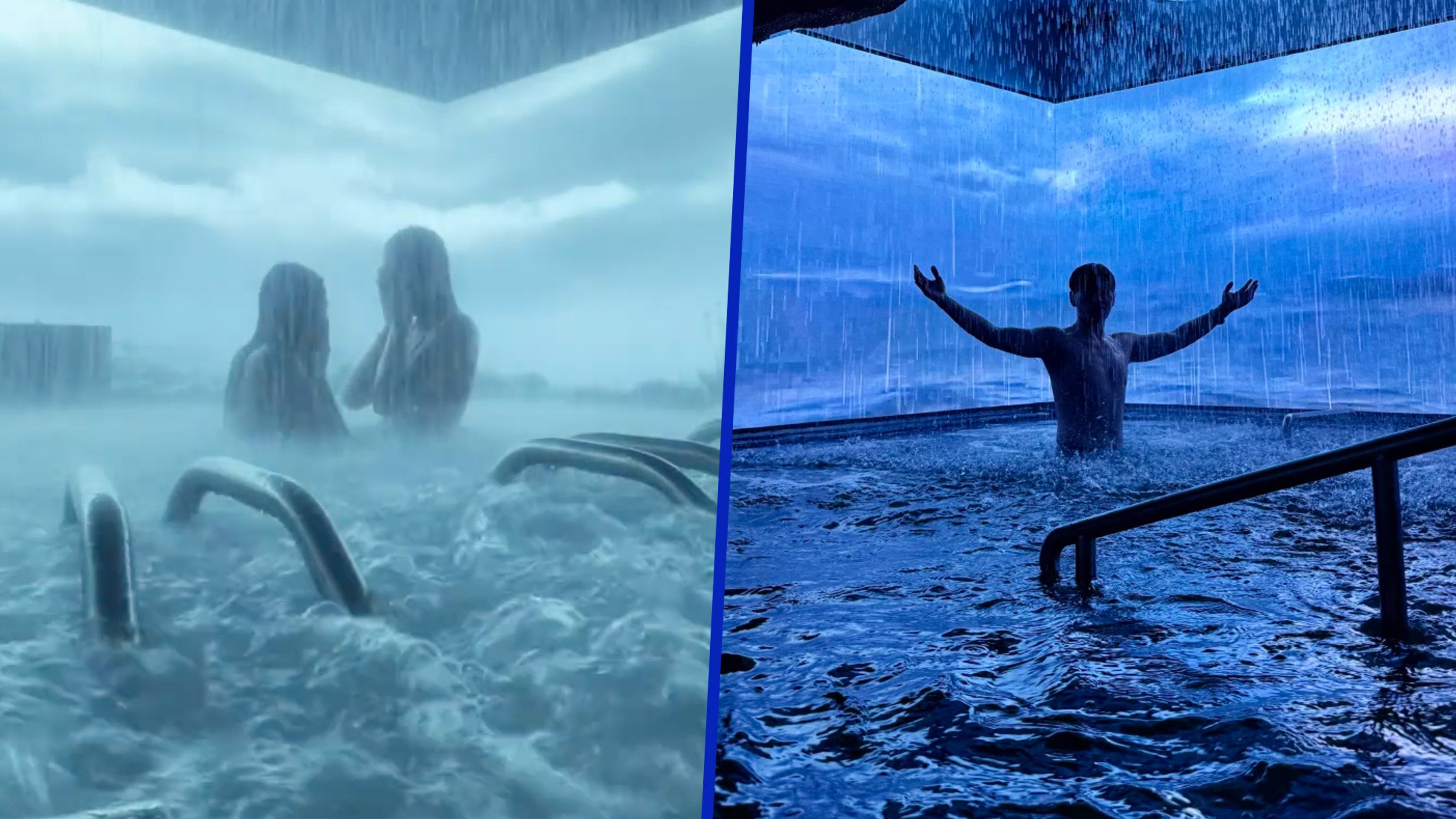 The “Storm Hot Springs” trend in China offers innovative wellness experiences, combining simulated storms and mild electric shocks for mental stimulation. Photo: SCMP composite/RedNote