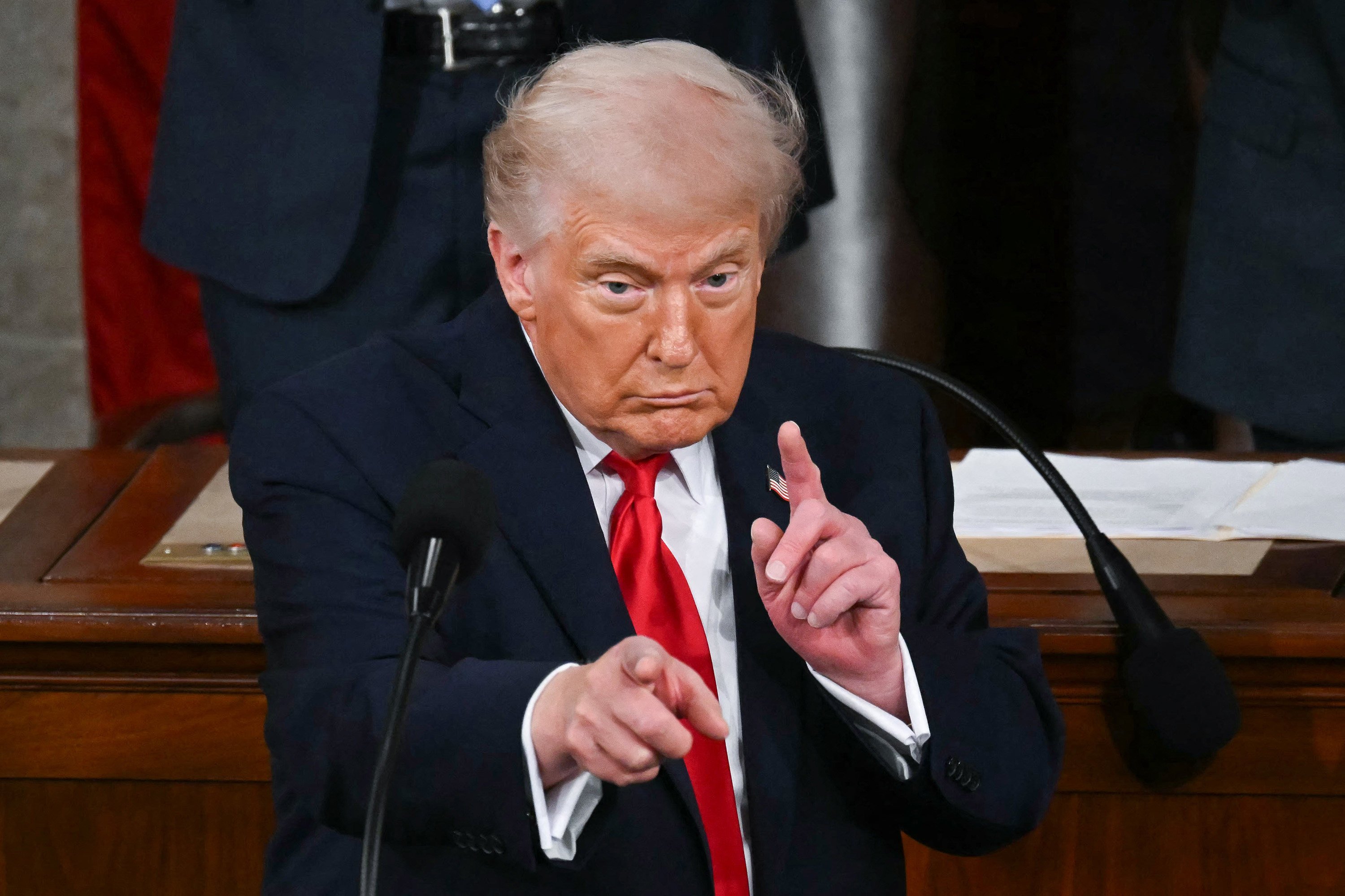 US President Donald Trump gestures as he delivers the State of the Union address in  Washington in February. Photo: TNS