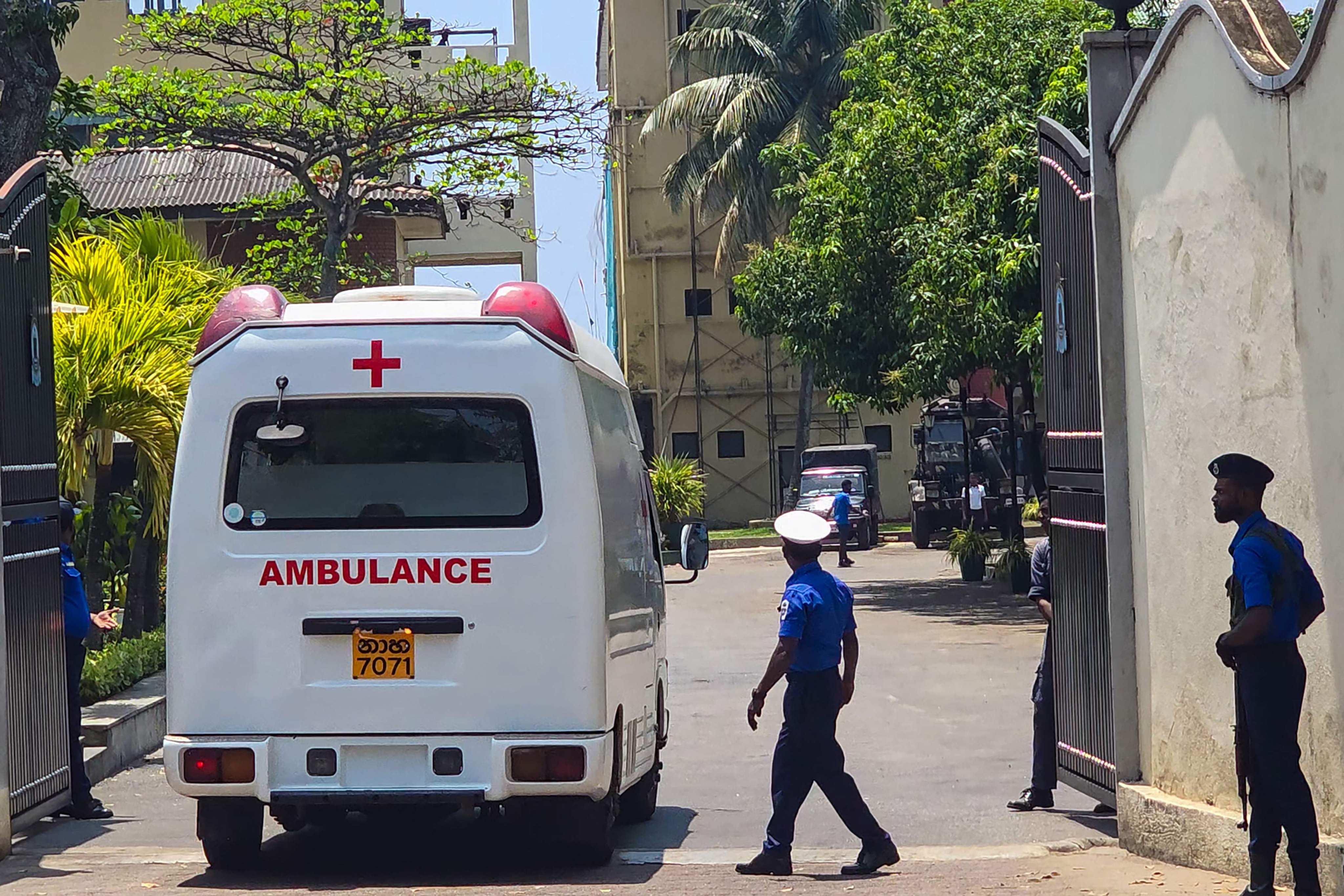 An ambulance enters Sri Lanka’s southern naval head quarters in Galle on Wednesday to pick up Iranian sailors rescued from Iranian frigate Iris Dena that was sunk off their island earlier in the day. Photo: AFP