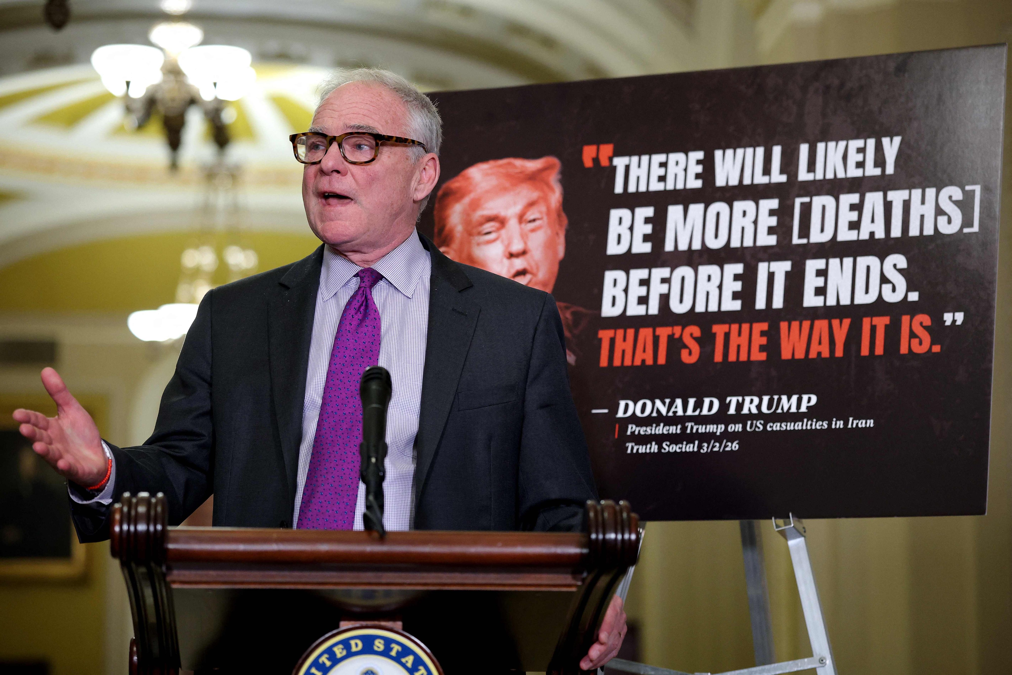 Democrat senator Tim Kaine, one of the lawmakers who introduced the Senate resolution, claimed US President Donald Trump had dragged the US into “unnecessary forever wars”. Photo: Getty Images via AFP