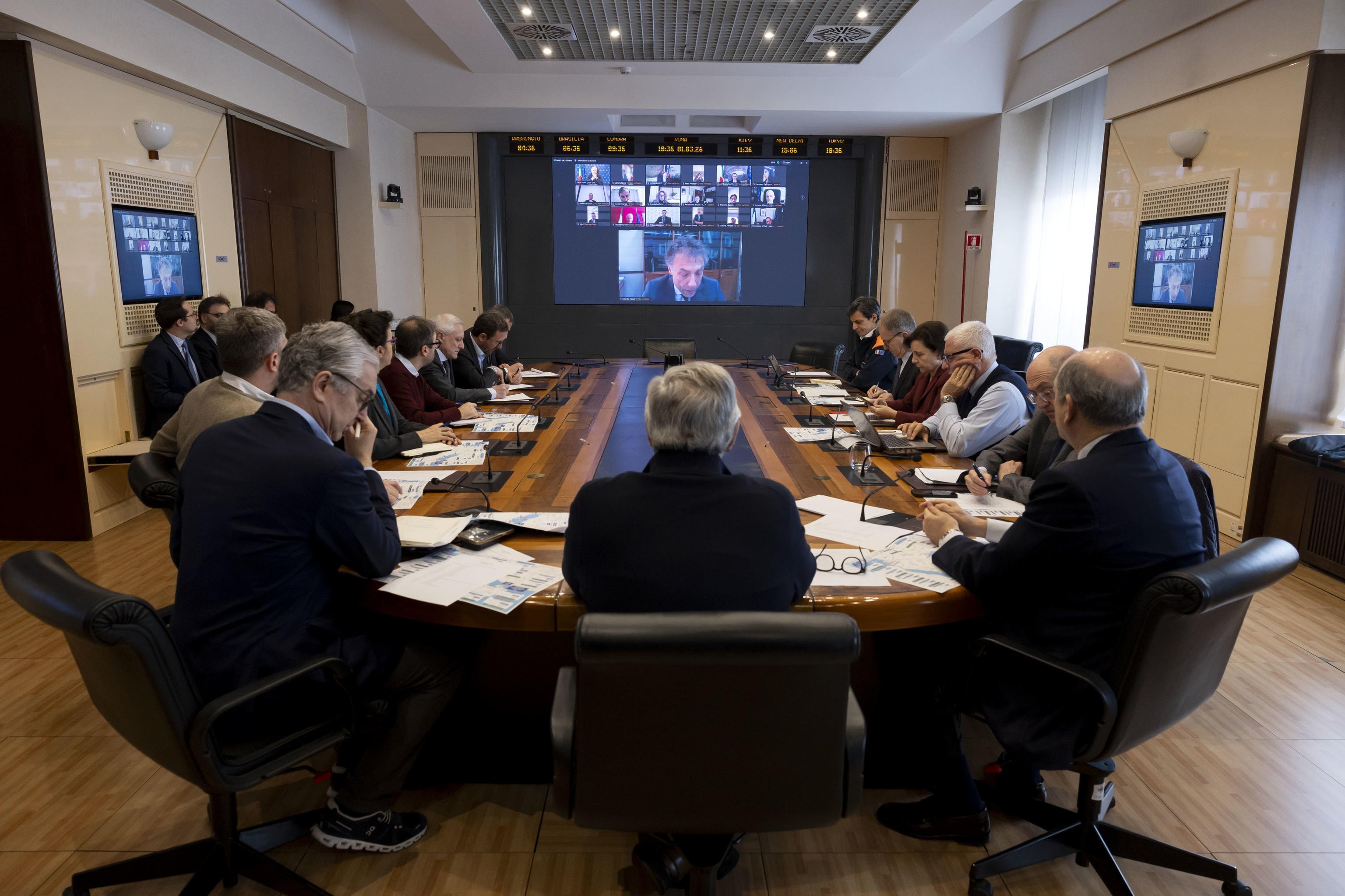 Italian Foreign Minister Antonio Tajani (middle) attends the crisis unit meeting to discuss the situation in Iran and the Middle East where he announces the creation of a Gulf Task Force and answers questions at the Farnesina in Rome on Sunday. Photo: EPA