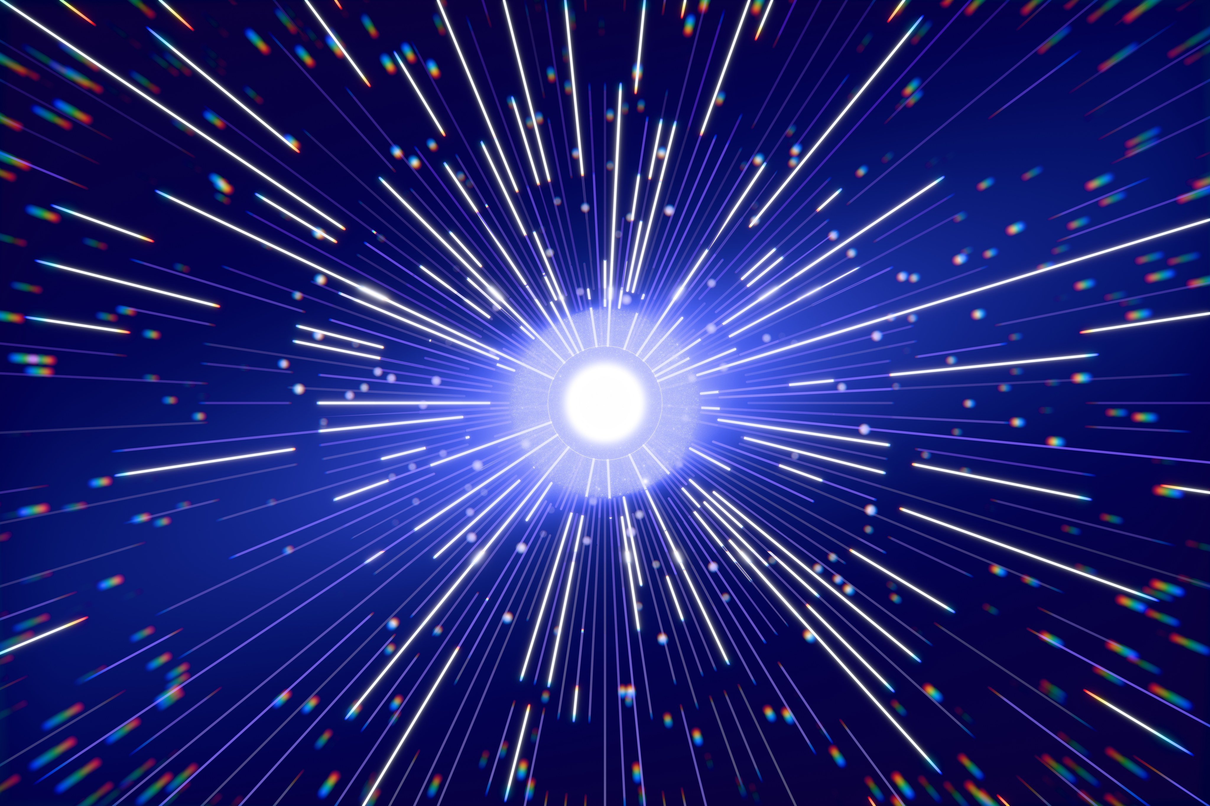 A conceptual visualisation of a starburst radiating energy and light against a deep blue cosmic backdrop. Photo: Getty Images