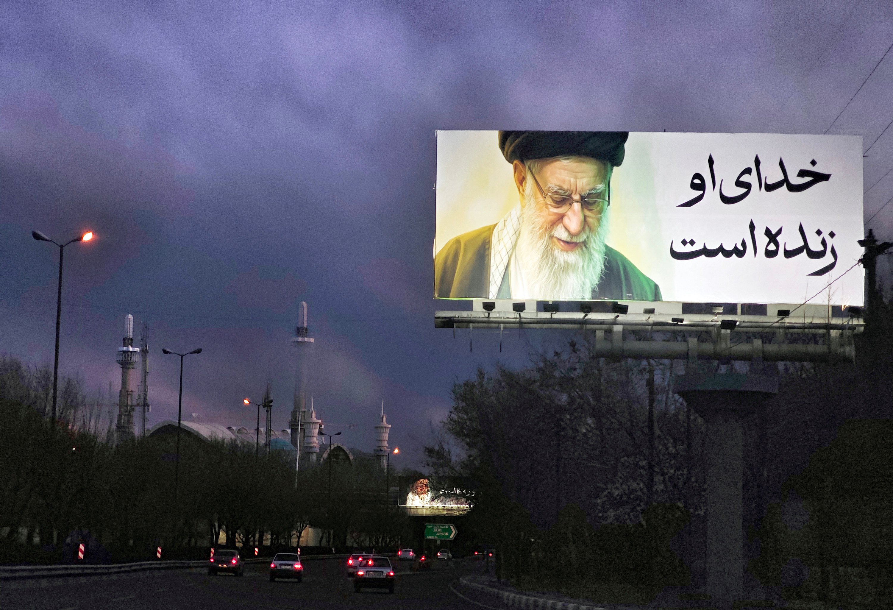 A billboard featuring a portrait of Ayatollah Ali Khamenei is displayed on a roadside in Tehran, Iran. Photo: TNS