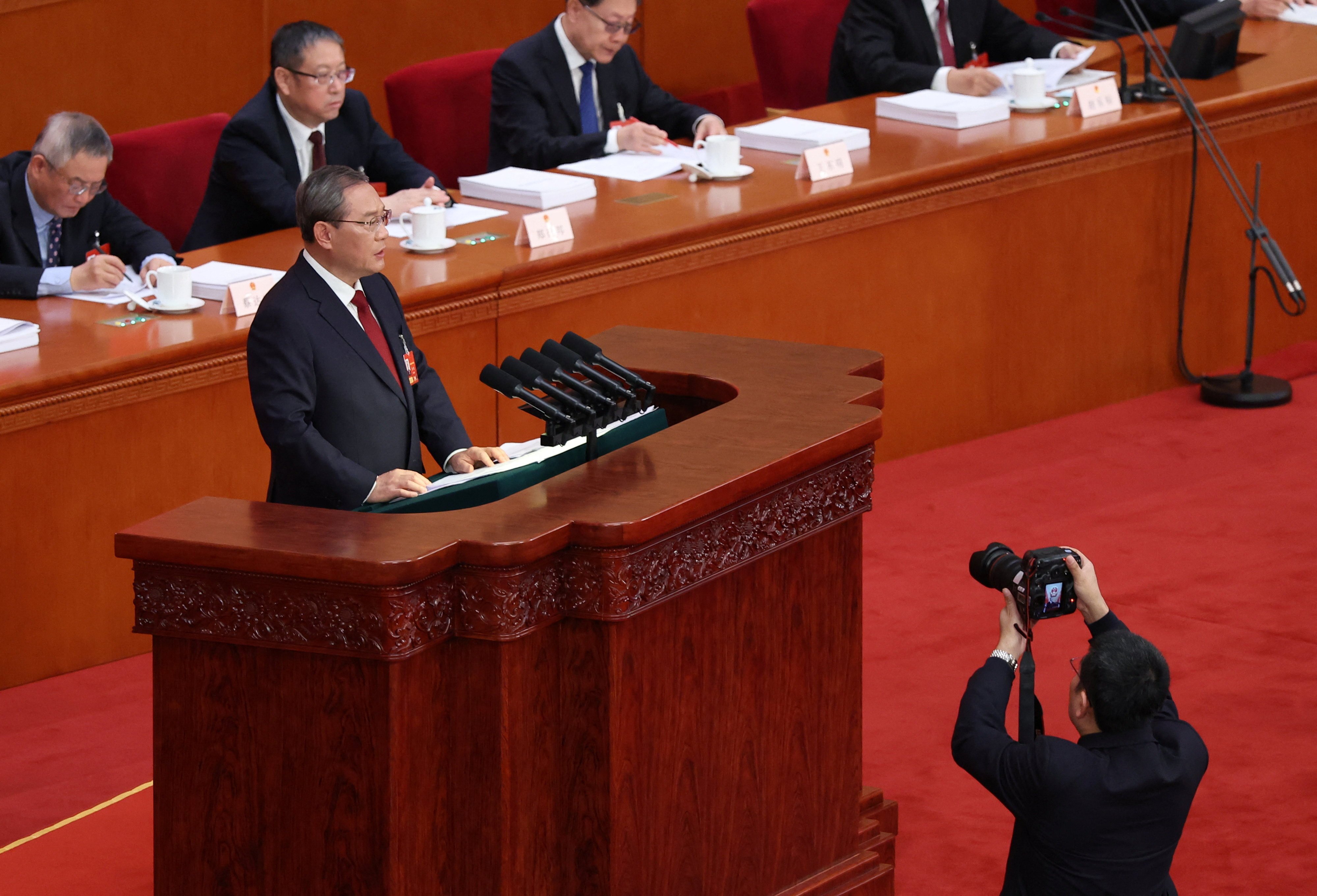 Premier Li Qiang delivering the government work report on Thursday, in the Great Hall of the People in Beijing. Photo: Reuters