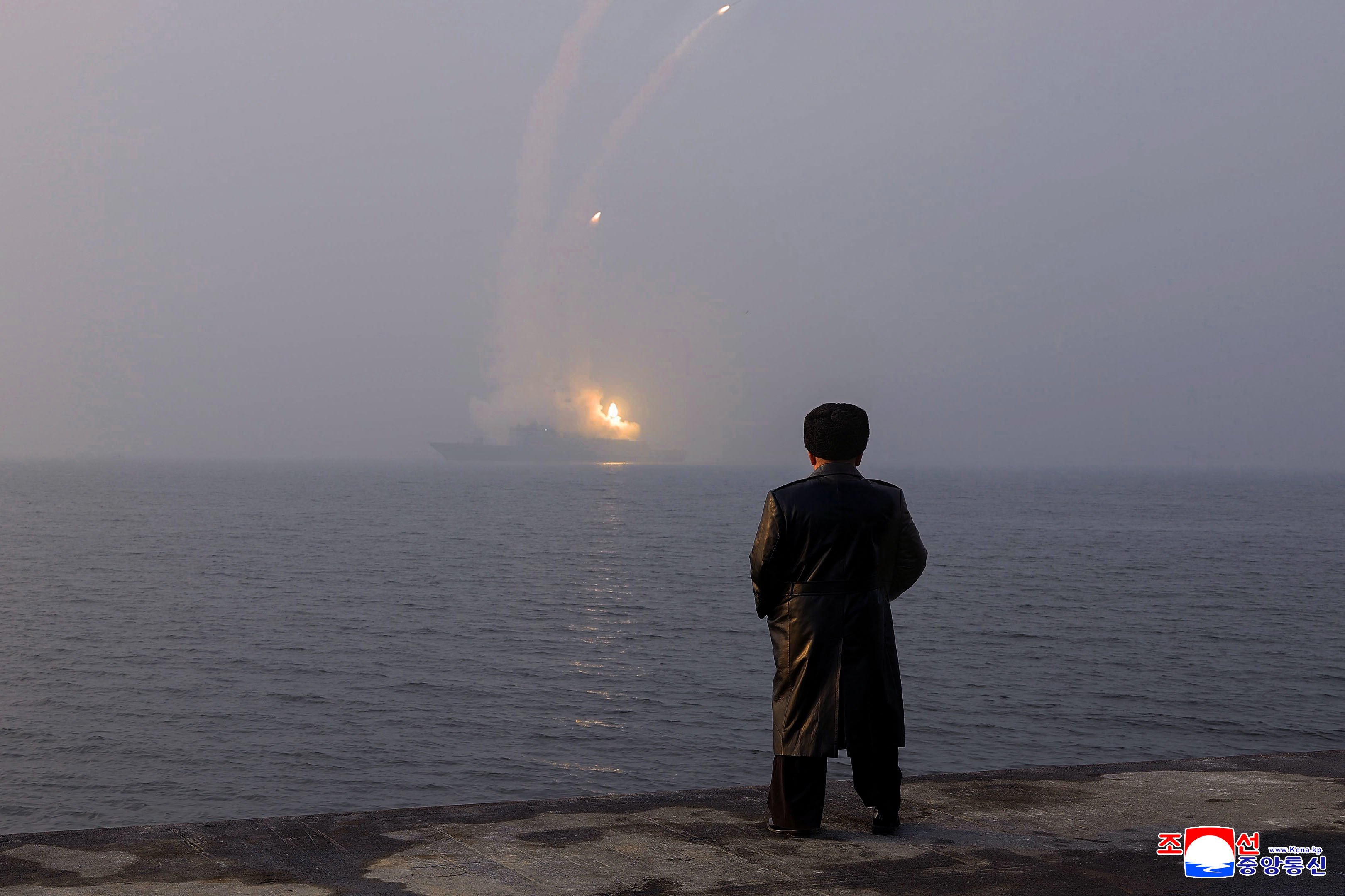 North Korean leader Kim Jong-un watches the test firing of a sea-to-surface strategic cruise missile on Wednesday. Photo: KCNA/AFP