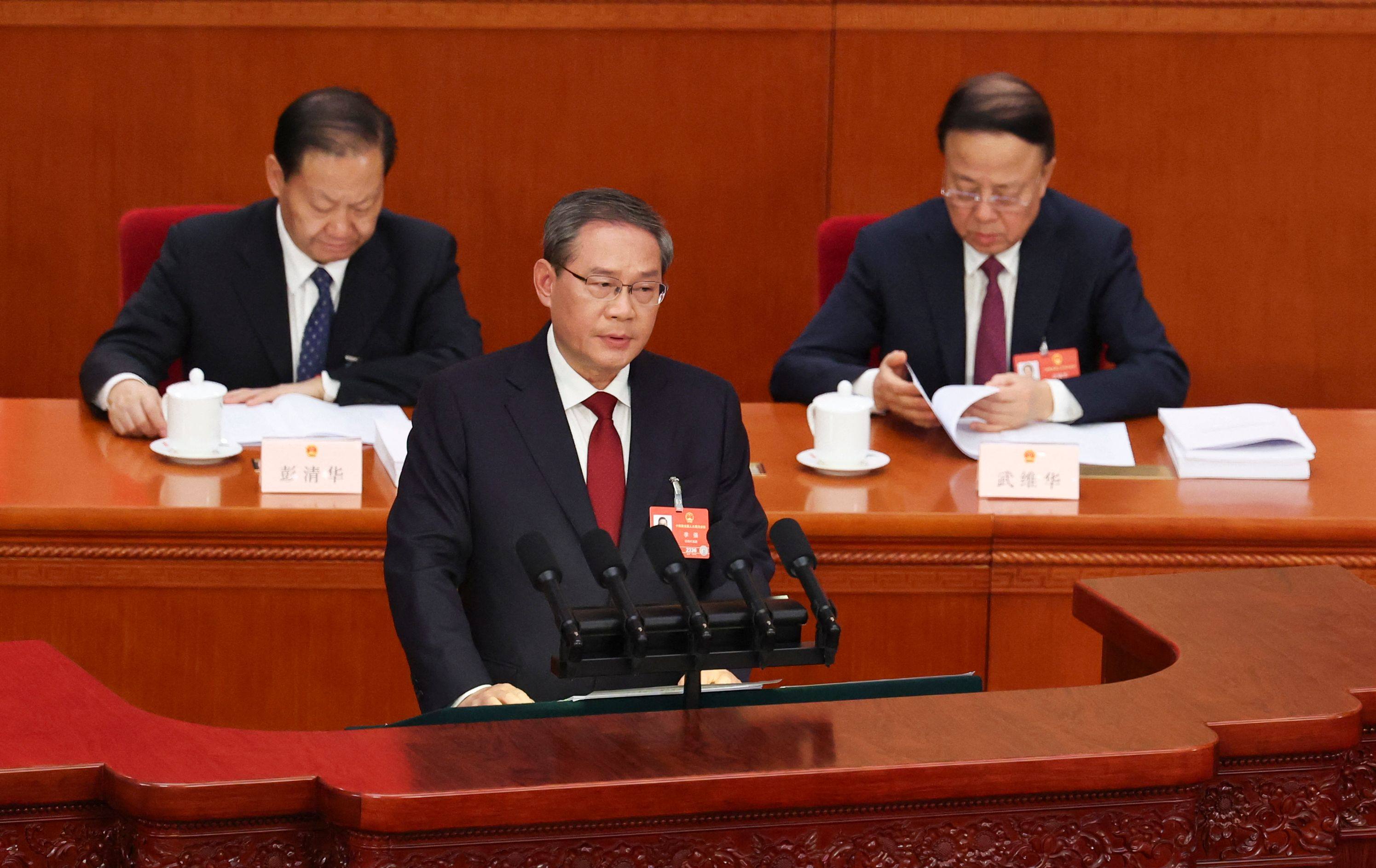 Chinese Premier Li Qiang opens the annual session of the National People’s Congress by delivering the government’s work report. Photo: AFP