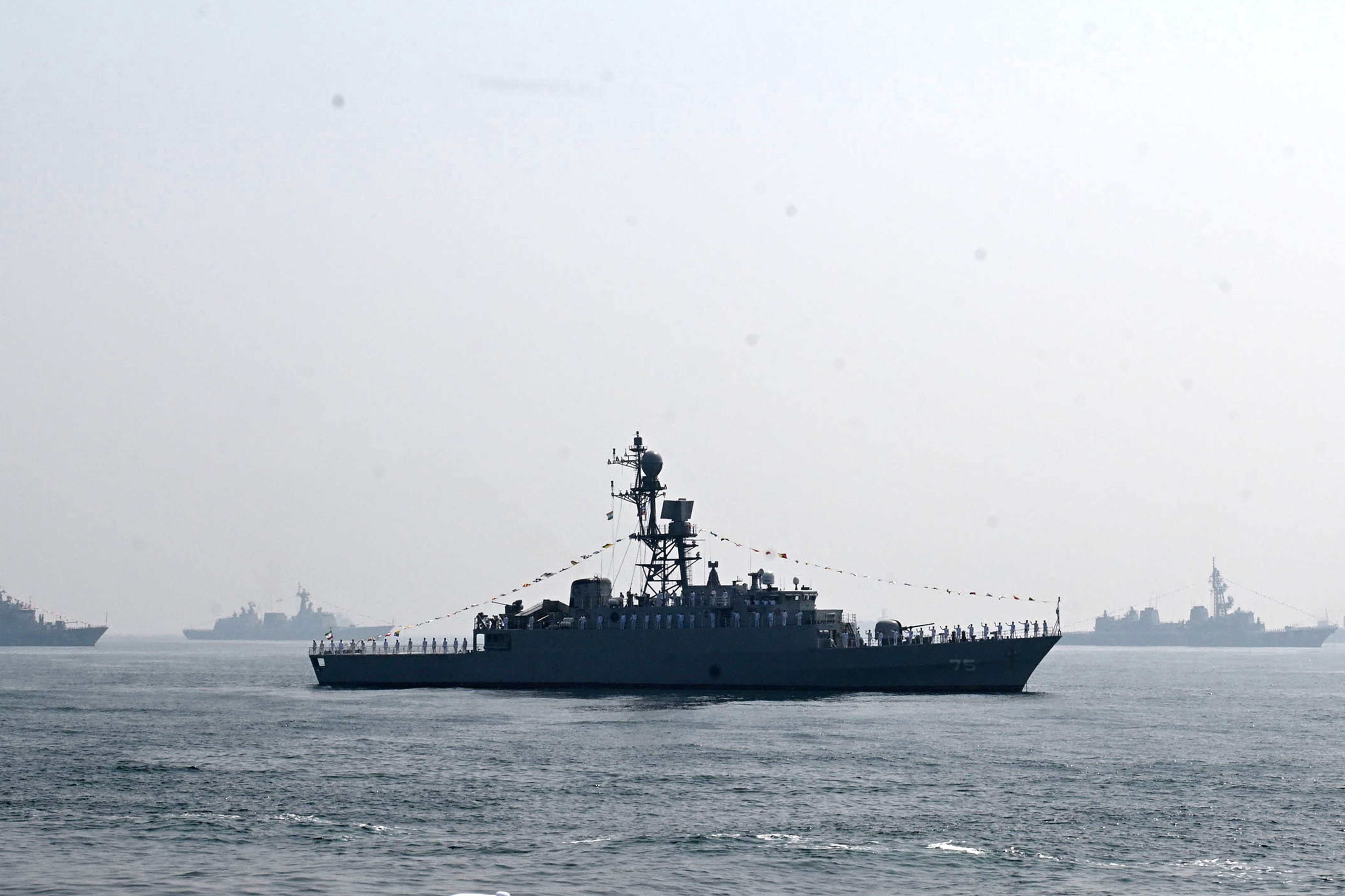 Iranian warship IRIS Dena is seen in the Bay of Bengal during the International Fleet Review held at Visakhapatnam, India, on February 18. Photo: AP