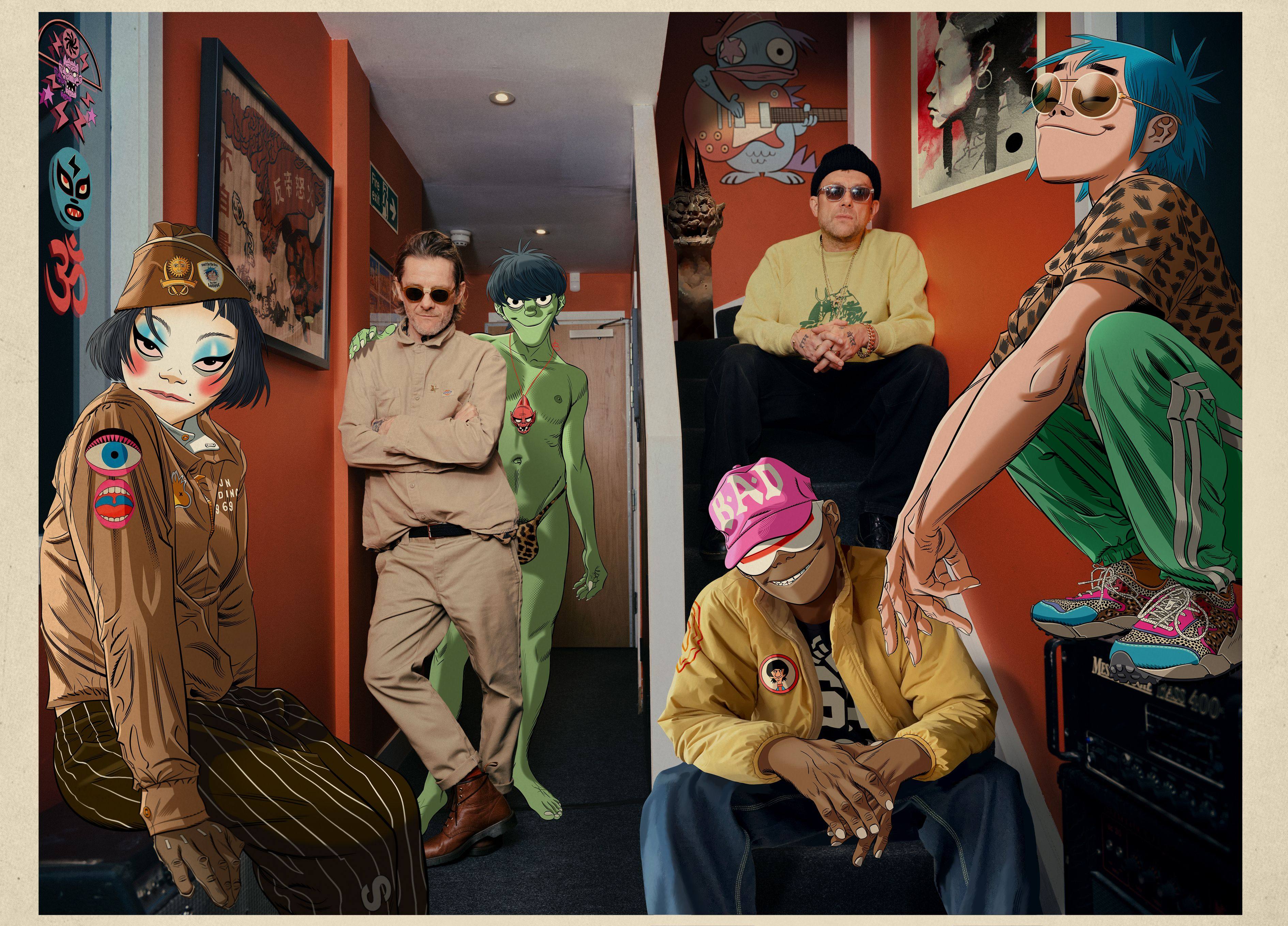 Jamie Hewlett (left) and Damon Albarn of Gorillaz with their fictional characters (from left) Noodle, Murdoc Niccals, Russel Hobbs, and 2D. The band’s ninth studio album, The Mountain, was heavily inspired by the pair’s travels in India. Photo: Reuben Bastienne-Lewis/Gorillaz/dpa