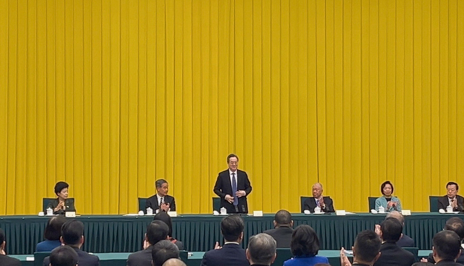 Chinese Vice-Premier Ding Xuexiang (centre) meets Hong Kong and Macau members of the Chinese People’s Political Consultative Conference on Friday. He is joined by CPPCC vice-chairmen and former chief executives Leung Chun-ying of Hong Kong (left) and Edmund Ho Hau-wah of Macau. Photo: Matthew Cheng
