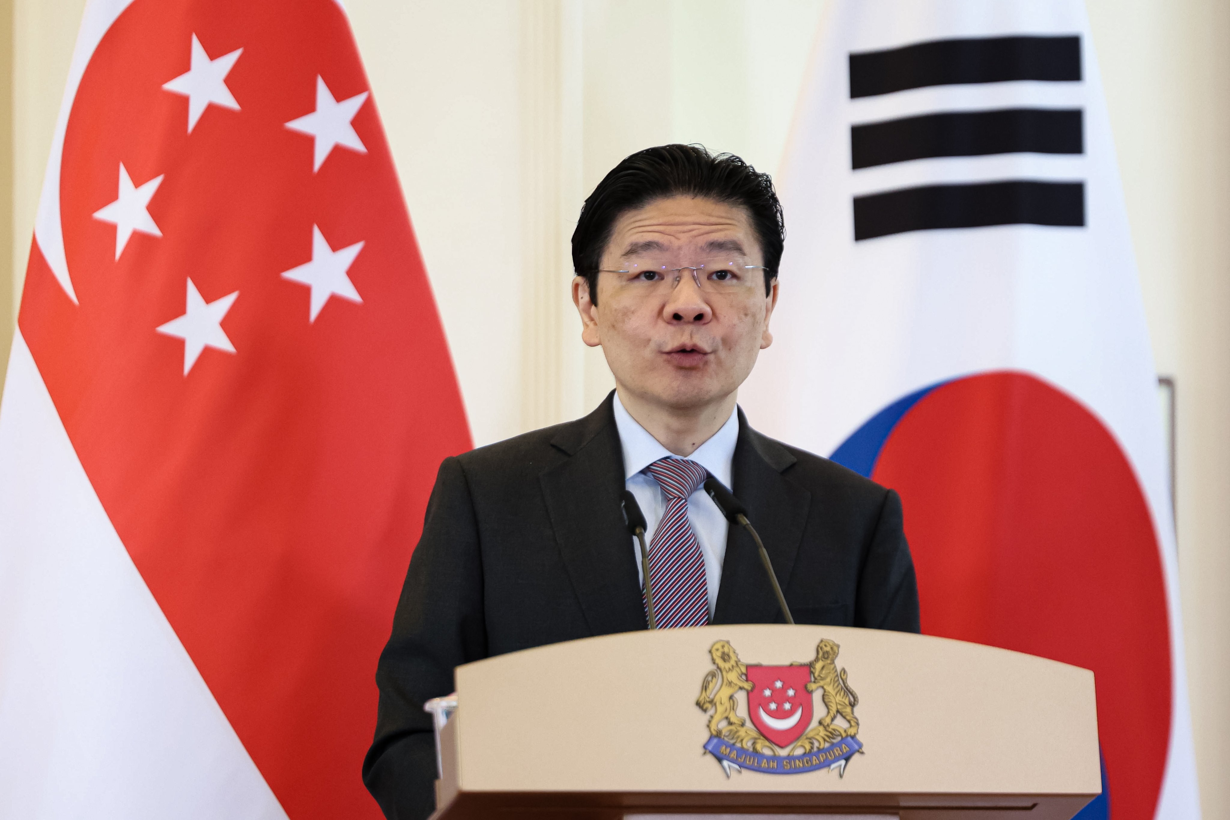 Singaporean Prime Minister Lawrence Wong speaks during a joint news conference with South Korean President Lee Jae Mung following talks in Singapore on Monday. Photo:  EPA/YONHAP