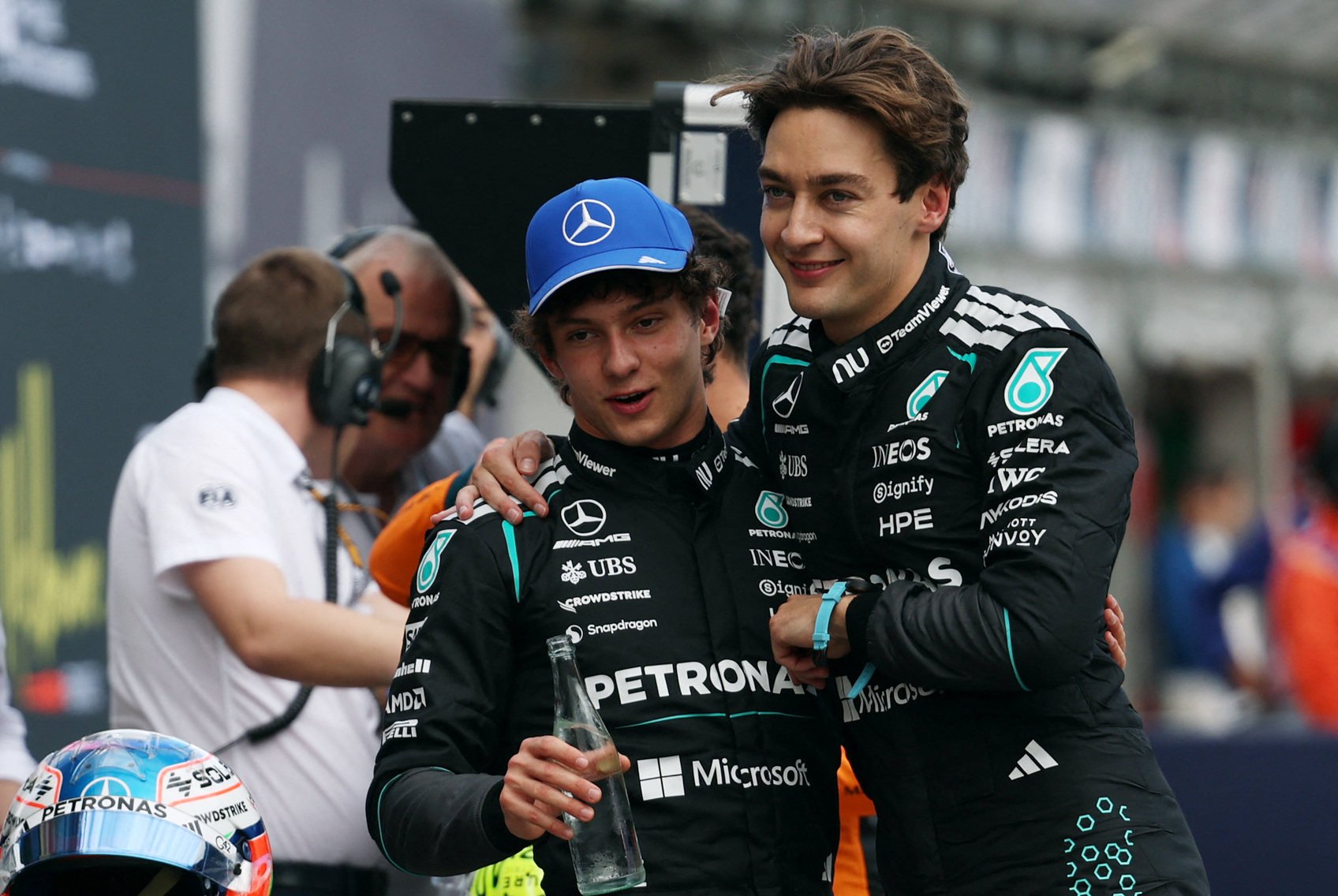Mercedes’ George Russell (right) celebrates with second-placed team-mate Kimi Antonelli on Saturday after qualifying in pole position for Sunday’s Australian Grand Prix. Photo: Reuters