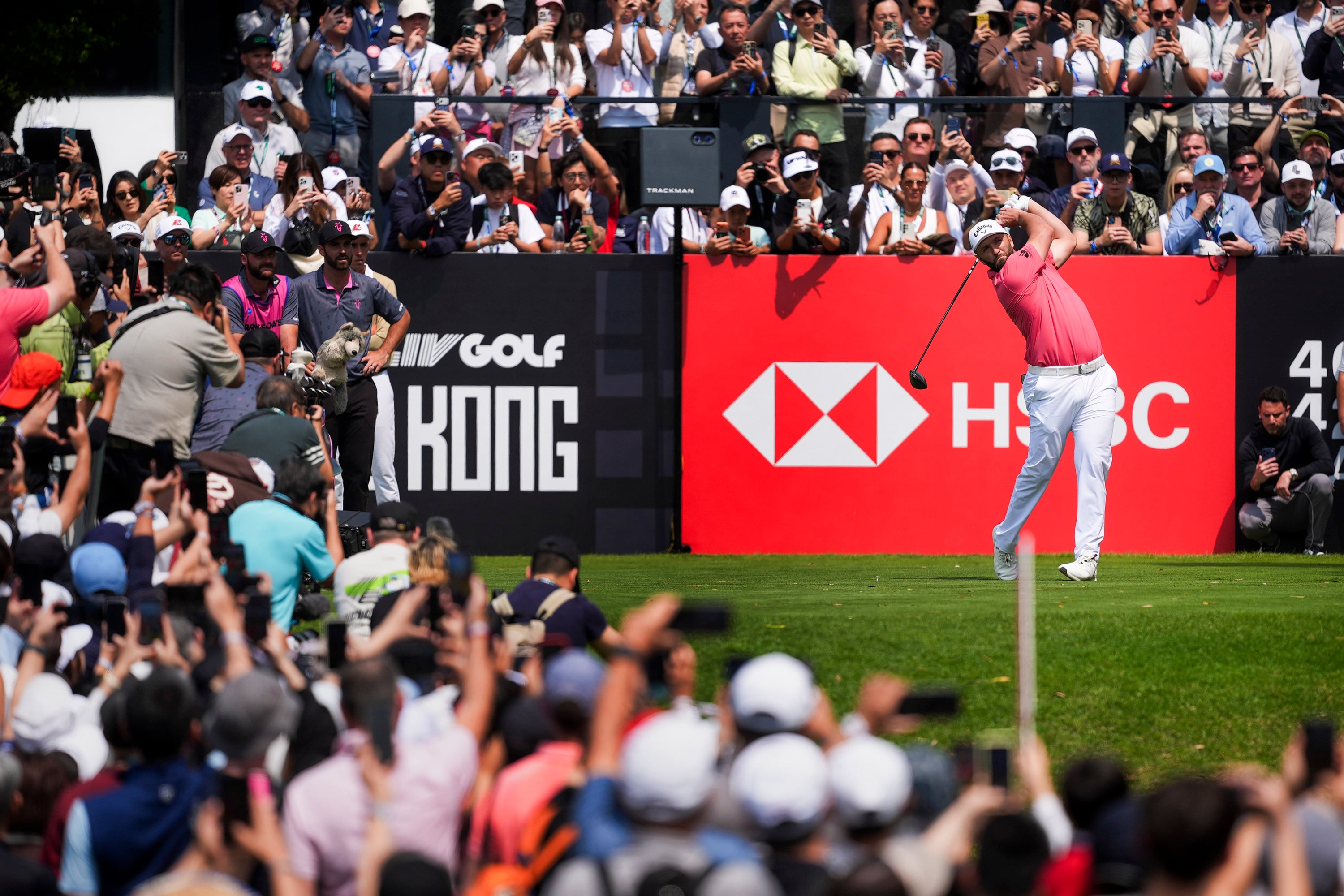 Jon Rahm tees off at the first hole during the third round of LIV Golf Hong Kong. Photo: Elson Li