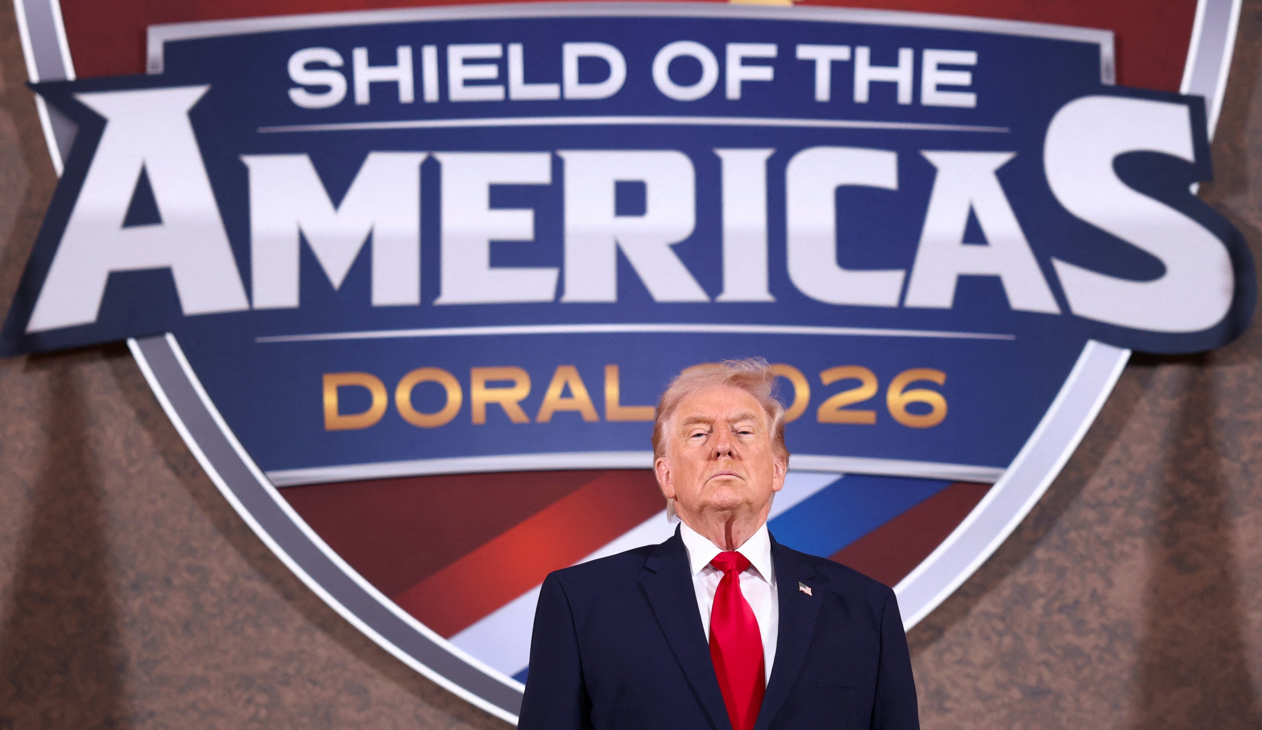 US President Donald Trump attends the “Shield of the Americas” summit in Miami, Florida, on Saturday. Photo: Reuters