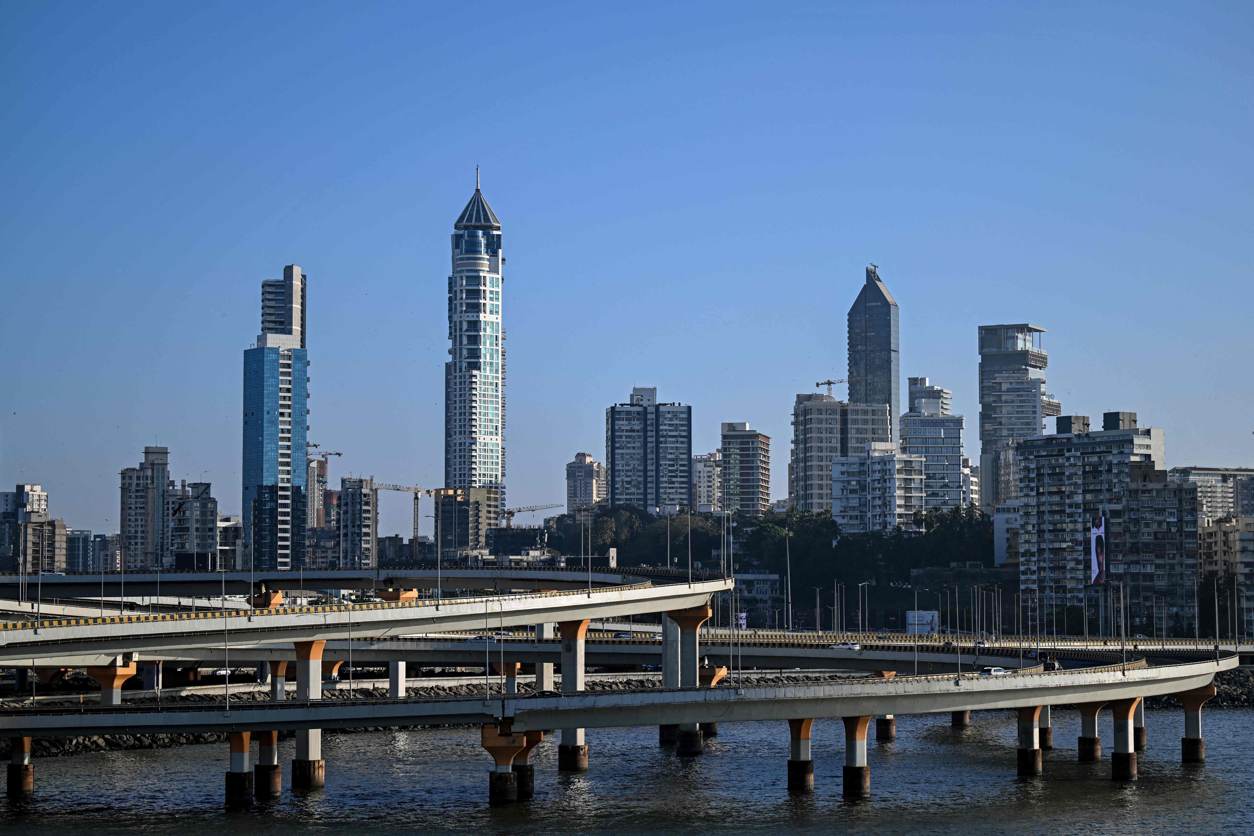 The newly constructed coastal road in front of the city skyline during sunset in Mumbai, India, in February. Photo: AFP