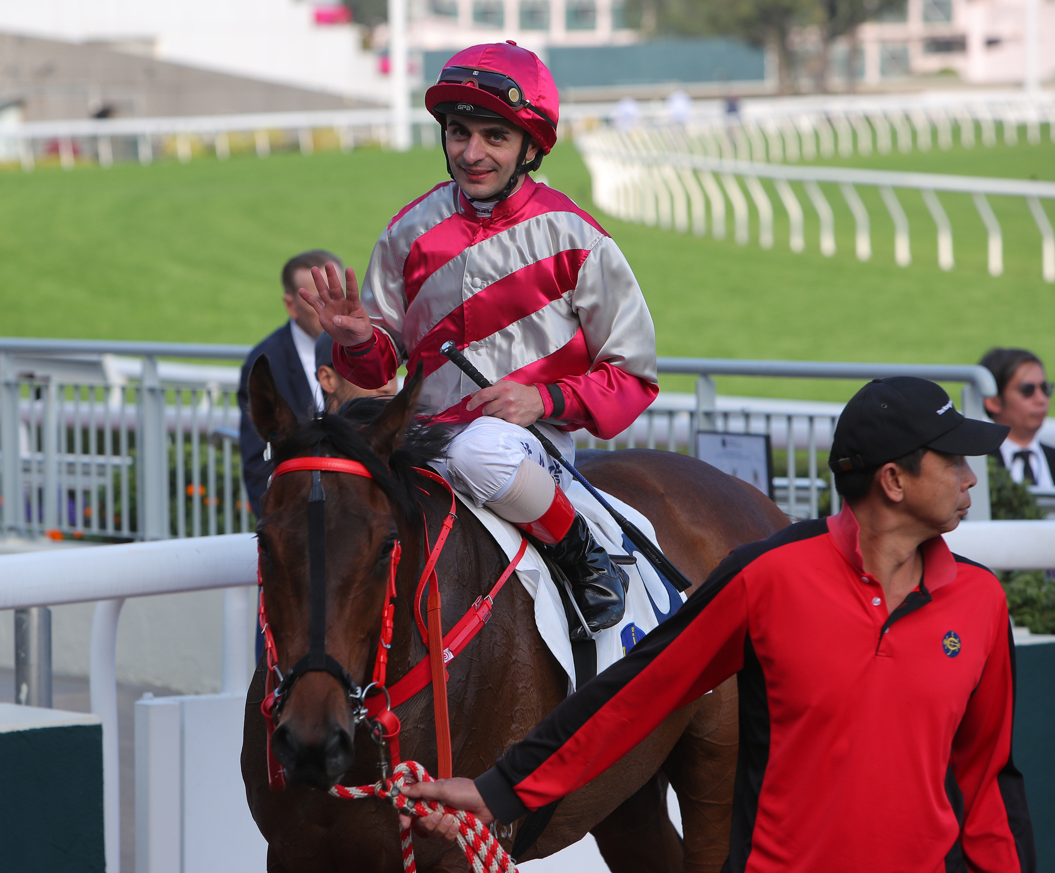 Andrea Atzeni celebrates his fourth win of the day at Sha Tin. Photo: Kenneth Chan