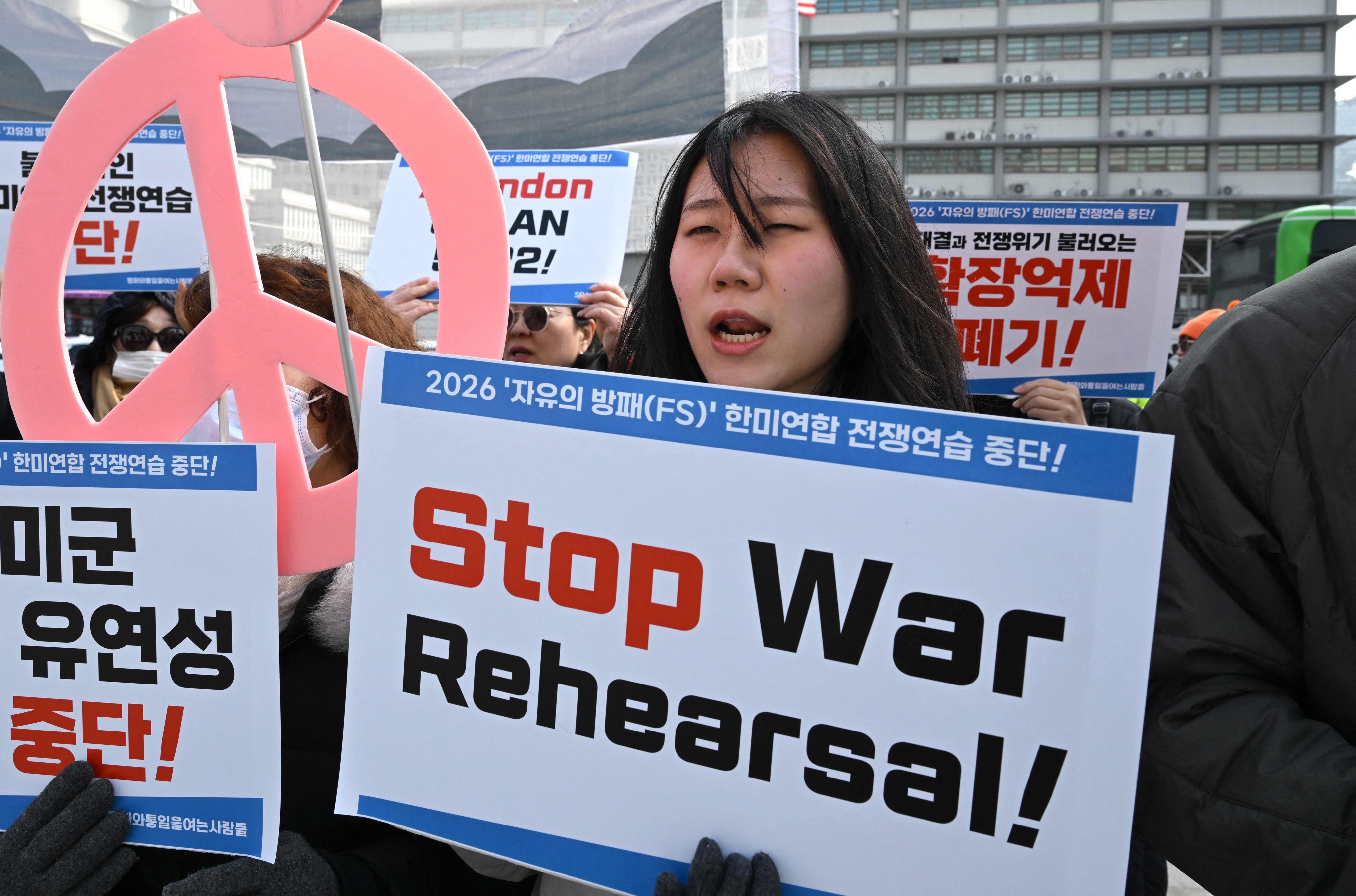 Protesters rally against Freedom Shield 2026 in front of the US embassy in Seoul. Photo: AFP