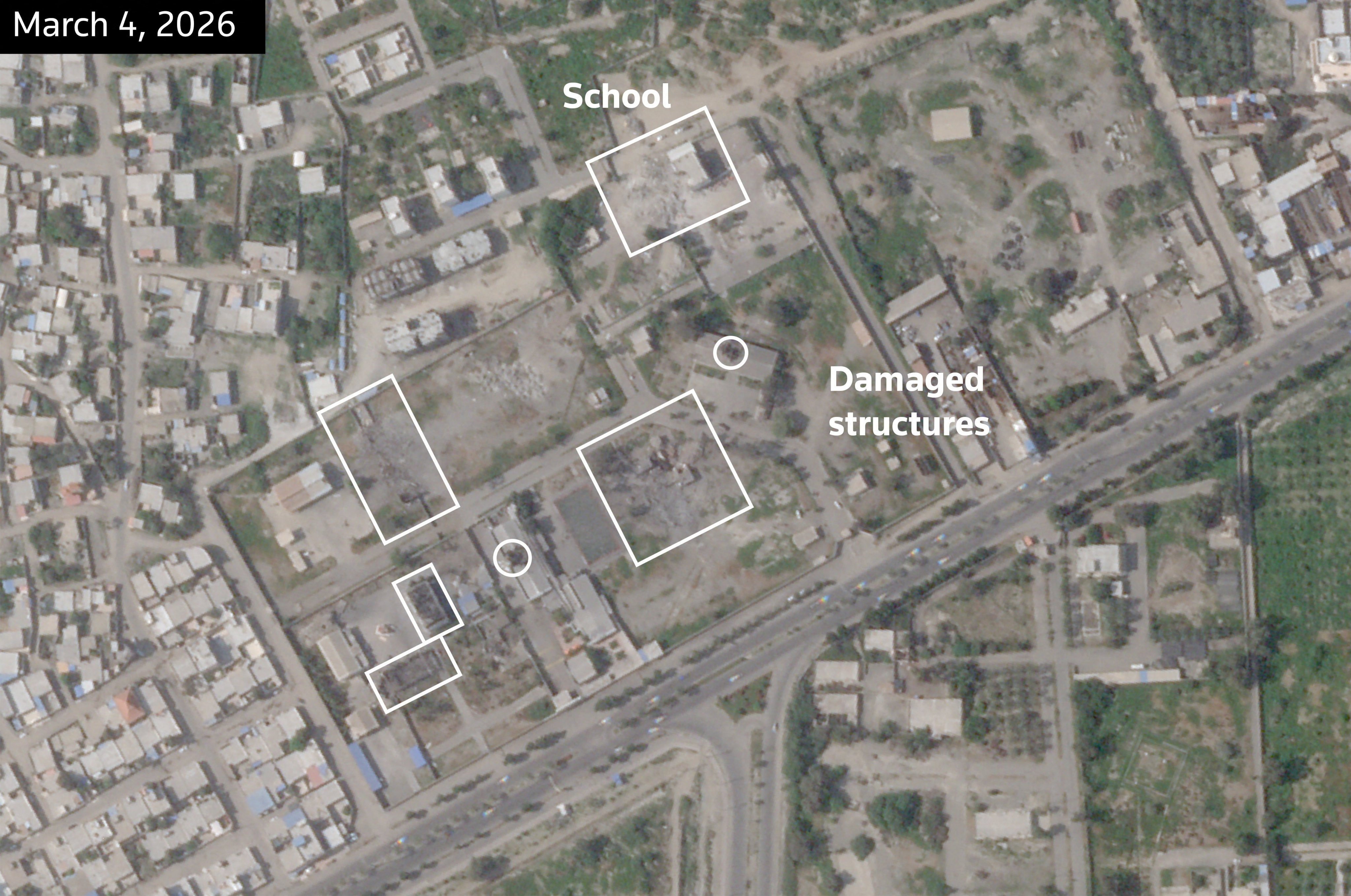 A satellite image shows the Shajareh Tayyebeh Elementary School and other structures damaged after being struck. Photo: Planet Labs PBC via Reuters