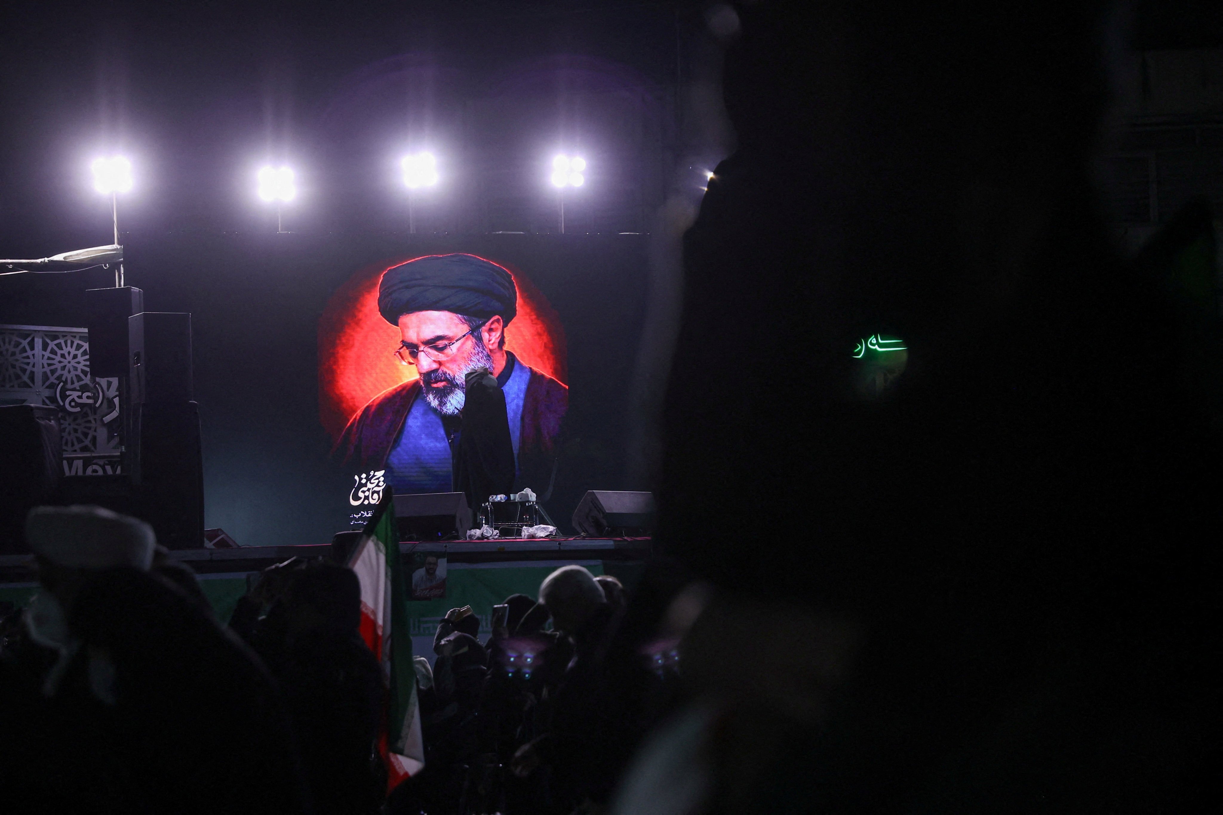 A picture of Iran’s new Supreme leader Mojtaba Khamenei displayed on a screen in Tehran. Photo: West Asia News Agency via Reuters