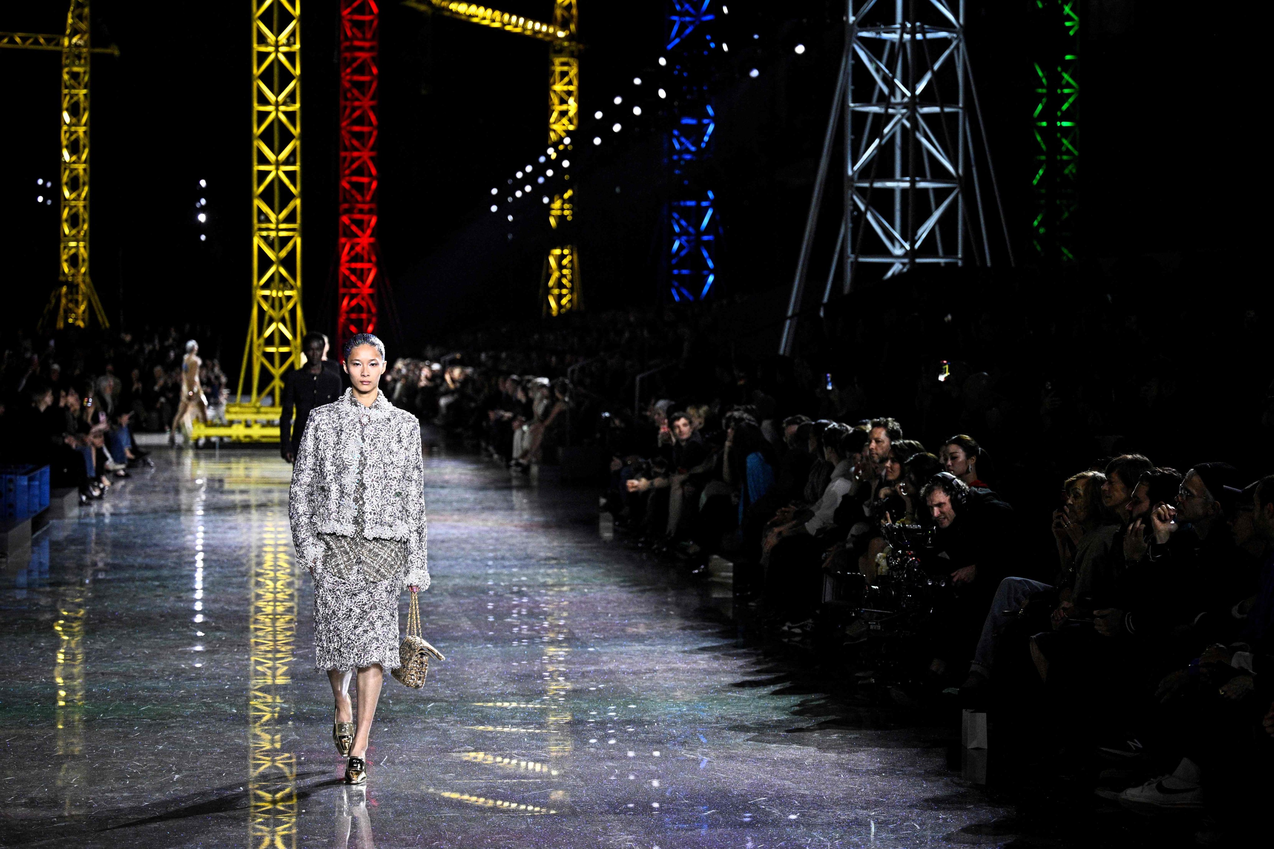 Chanel built a construction site full of colourful cranes for the fall/winter 2026 show at Paris Fashion Week. Photo: AFP