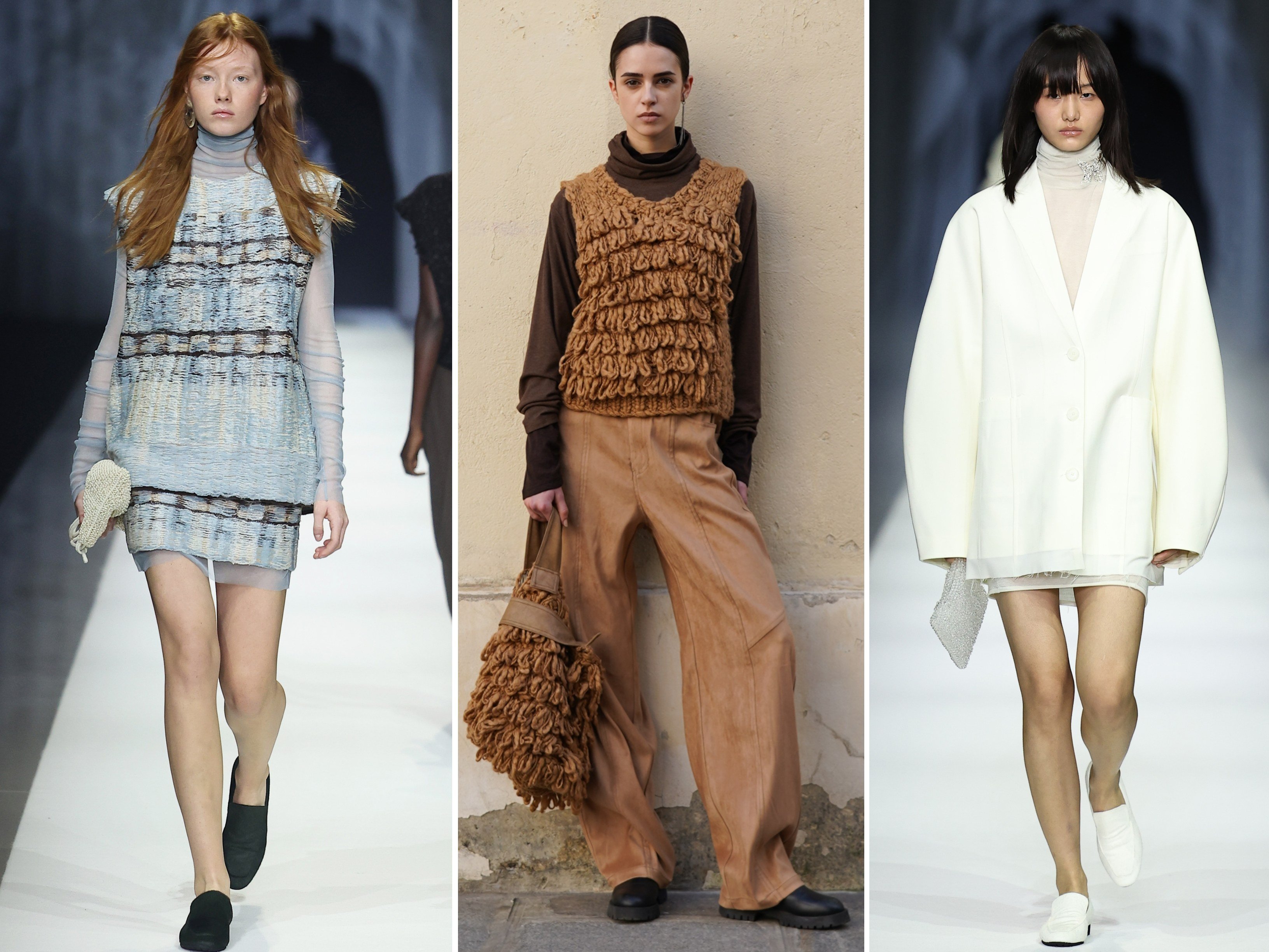 Anteprima (left and right) and Atsuro Tayama (centre) both leaned into nostalgia and modern artistry for their fall/winter 2026 collections at fashion month. Photos: Getty Images, Handout
