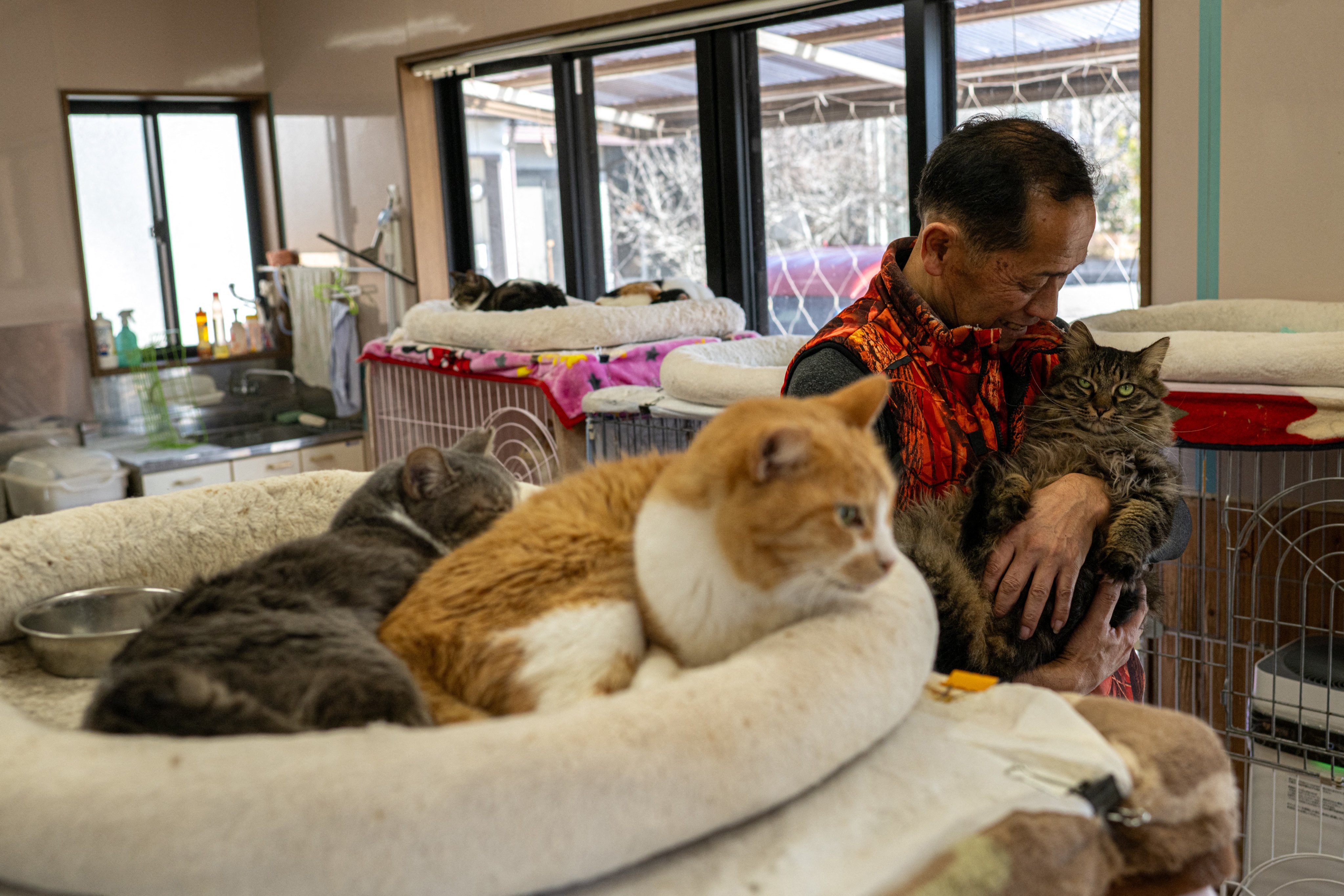 This picture taken on March 5, 2026 shows former nuclear plant worker Toru Akama playing with a cat during an interview with AFP at his animal shelter in Namie, Fukushima prefecture. Not far from the Fukushima nuclear disaster site, former plant worker Toru Akama tends to dozens of pets abandoned after the catastrophe 15 years ago, work he sees as part of his quest for redemption. (Photo by Philip FONG / AFP) / TO GO WITH ‘JAPAN-NUCLEAR-ANIMAL-FUKUSHIMA’ BY MATHIAS CENA