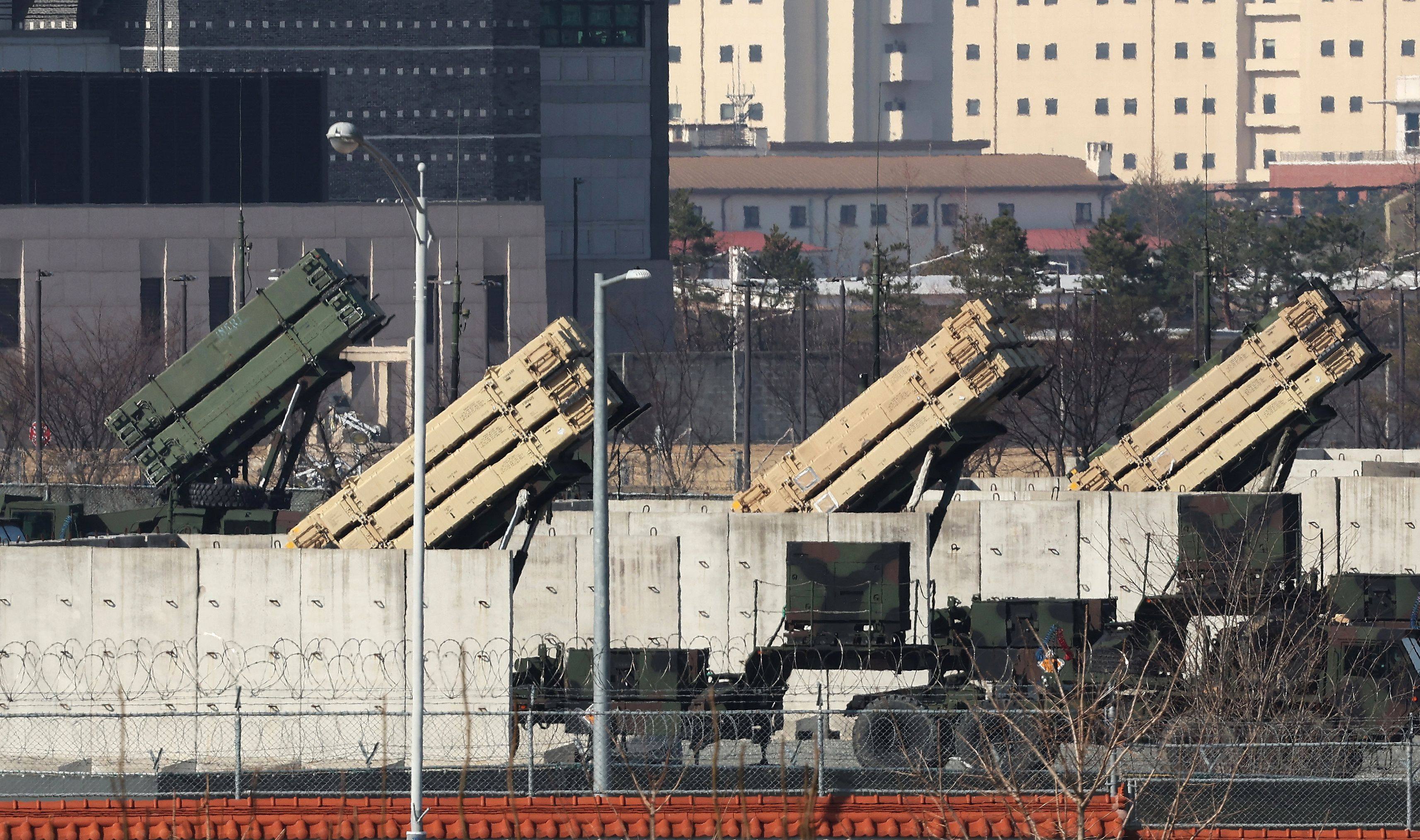 Patriot missile launchers are seen deployed at a US military base in Pyeongtaek, South Korea, on Sunday. Photo: Yonhap/AFP