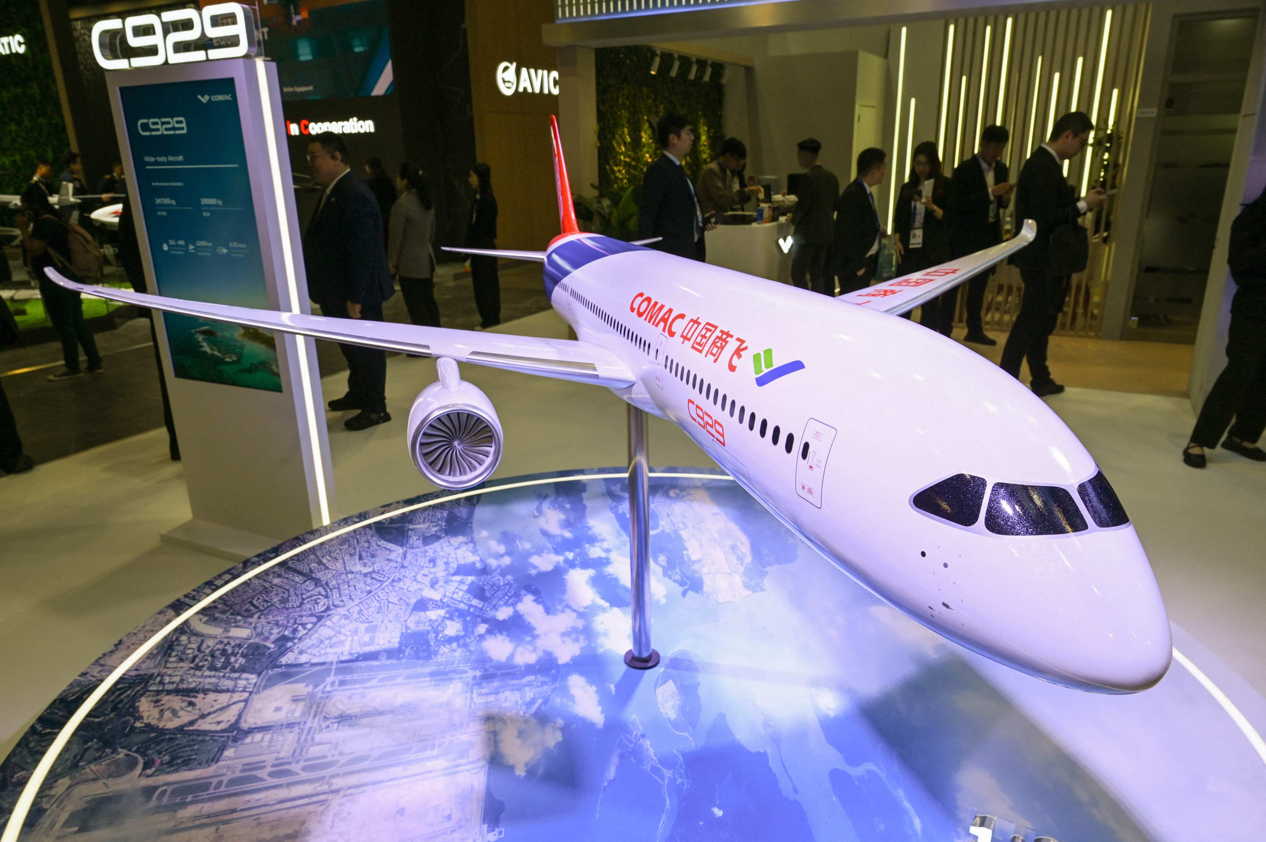 A model of China’s twin-aisle C929 is displayed at the Singapore Airshow last month. The widebody jet is in development. Photo: AFP