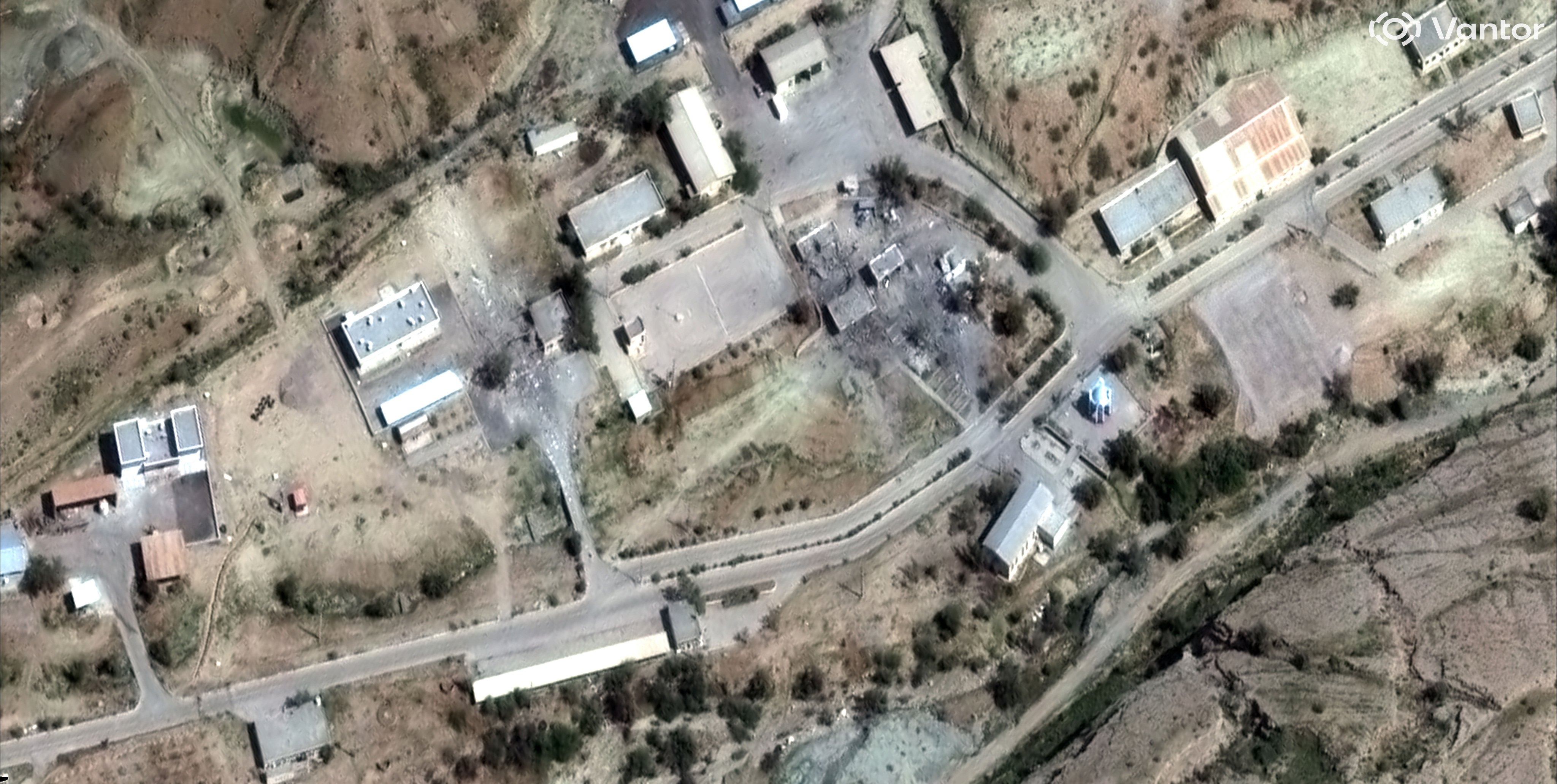 Damaged buildings following air strikes at the Khorgu missile base on Monday in Khorgu, Iran. Photo: Vantor via AP