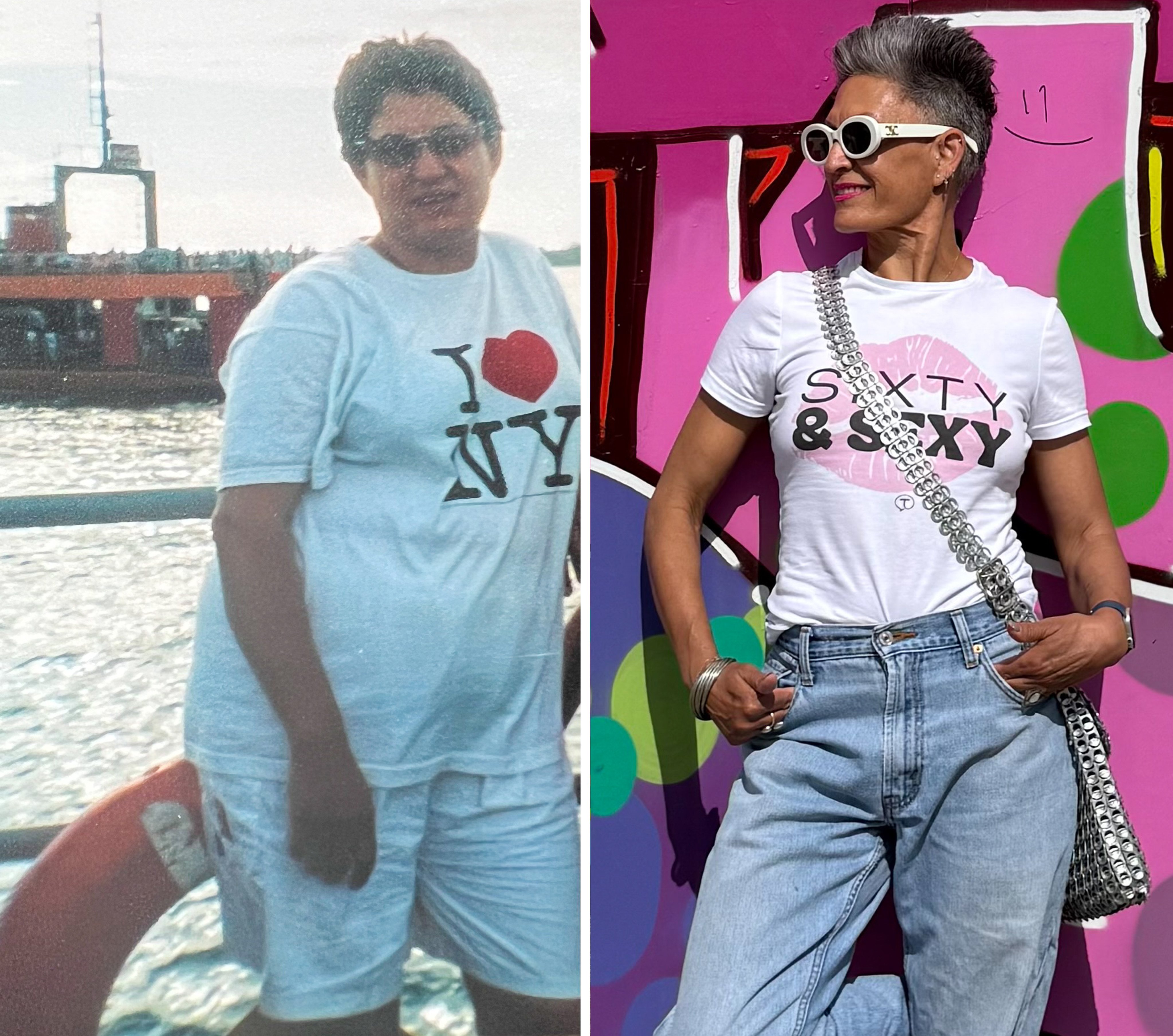 Shyy Sachdev in New York (left) when she weighed 100kg in 2009; and in London (right) weighing 60kg in November 2025. A mid-life health pronouncement that she might have only five years to live was the motivation this single mum of two needed to switch up her life. Photo: Shyy Sachdev