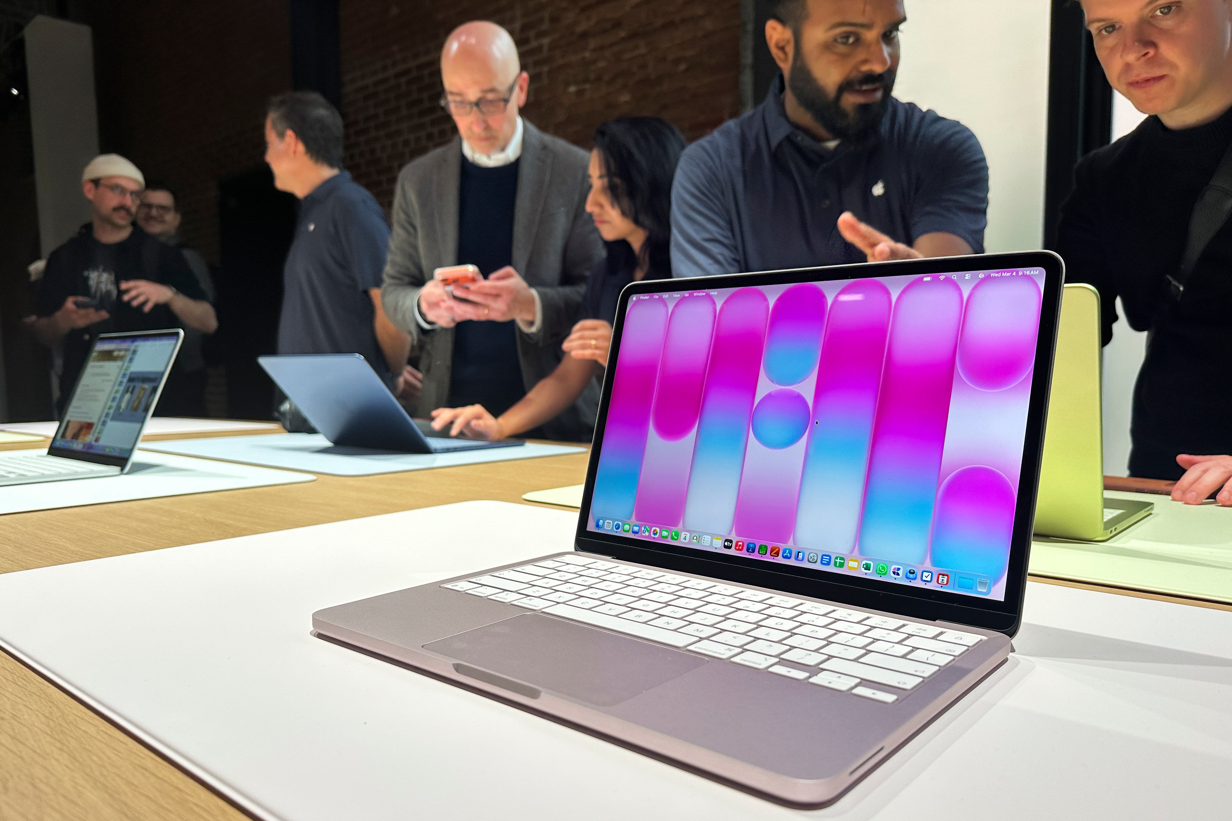 Apple’s first budget laptop, the MacBook Neo, on display at an event in New York. Photo: AP