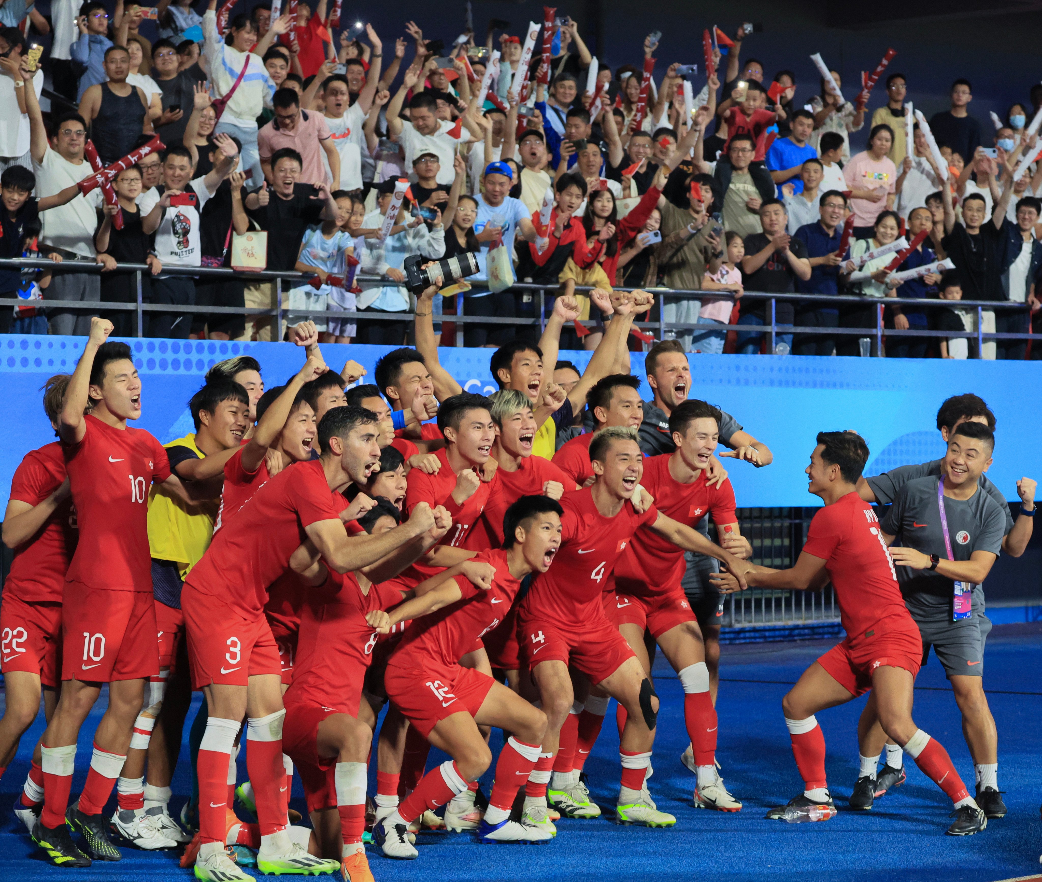 Hong Kong players celebrate their shock Asian Games quarter-final win over Iran in 2023. Photo: Dickson Lee