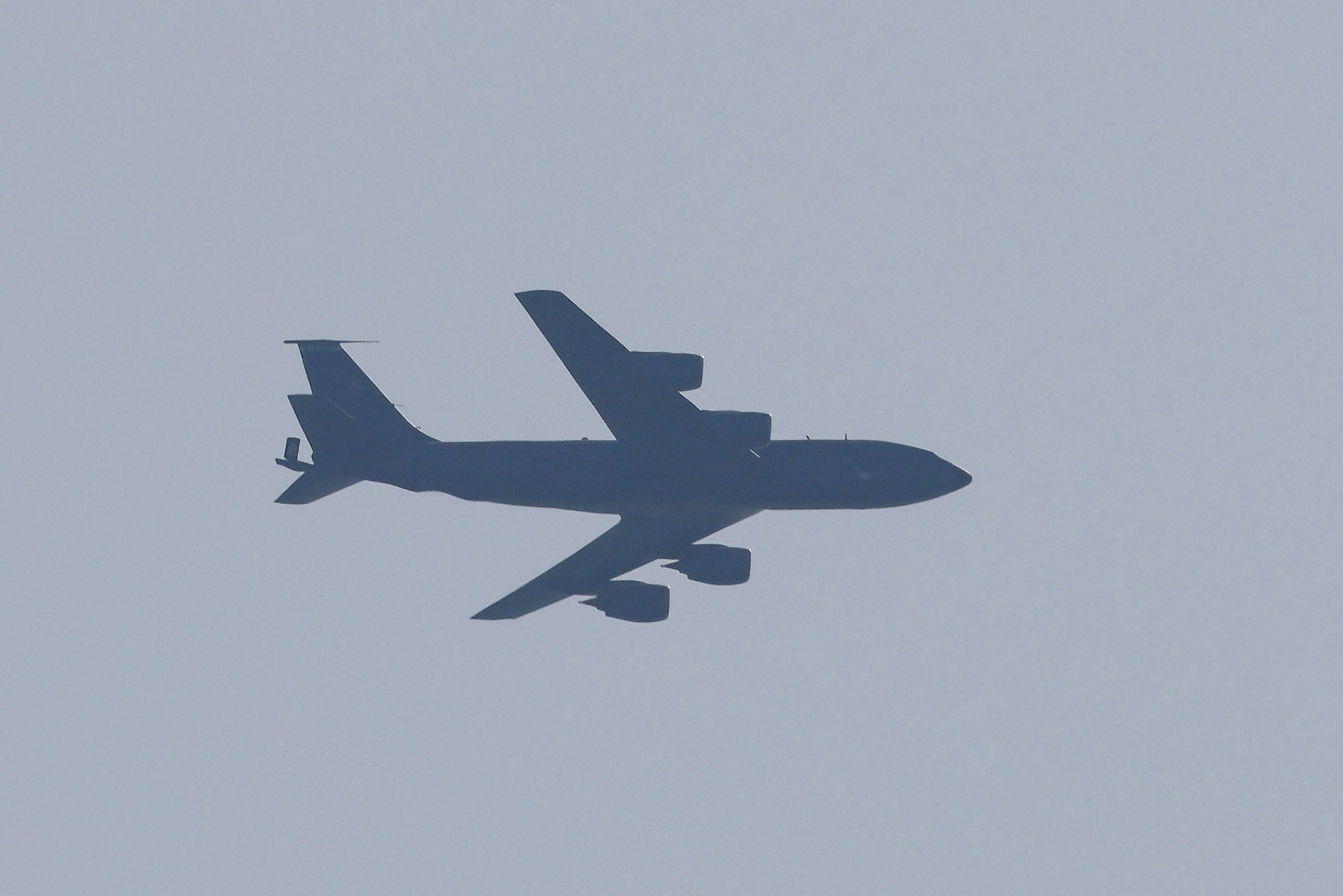 A US Air Force Boeing KC-135 Stratotanker aerial-refuelling aircraft flies over Tel Aviv on March 4. On Thursday, a US KC-135 aircraft crashed in western Iraq . Photo: AFP