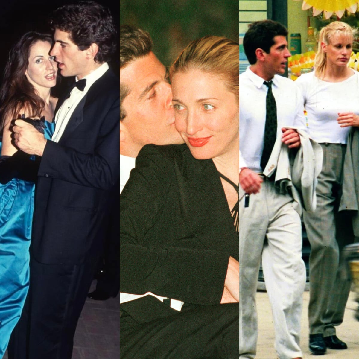 John F. Kennedy Jr, pictured with Christina Haag (left), Carolyn Bessette-Kennedy (centre) and Daryl Hannah (right) Photos: Getty Images; 
@jfkjrarchive, @90smoment/Instagram