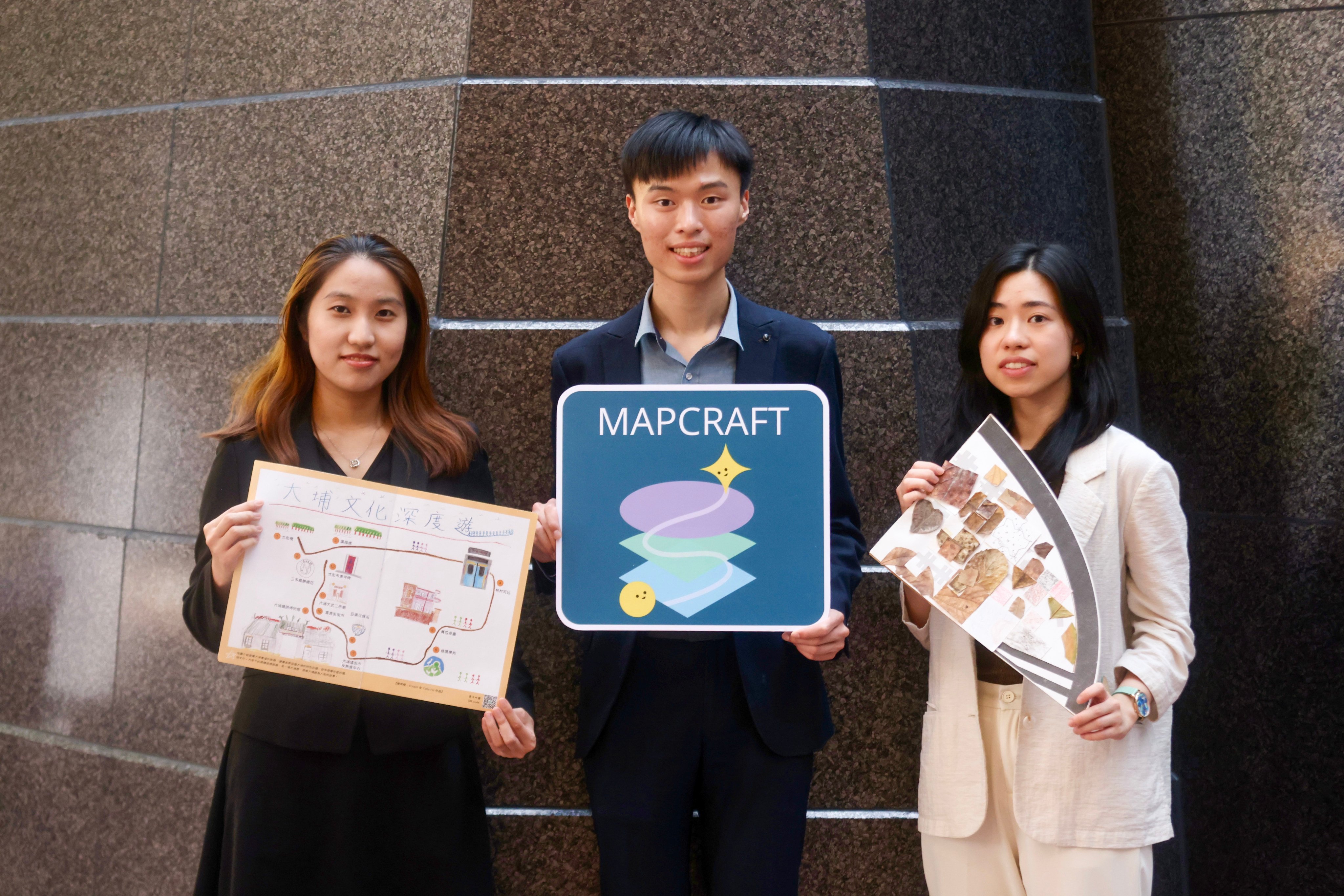 Mapcraft – founded by Gladys Tsoi (from left), Harold Lam and Rachael Luk – uses maps to engage neurodivergent students, transforming traditional learning into an interactive, visual experience. Photo: Jonathan Wong