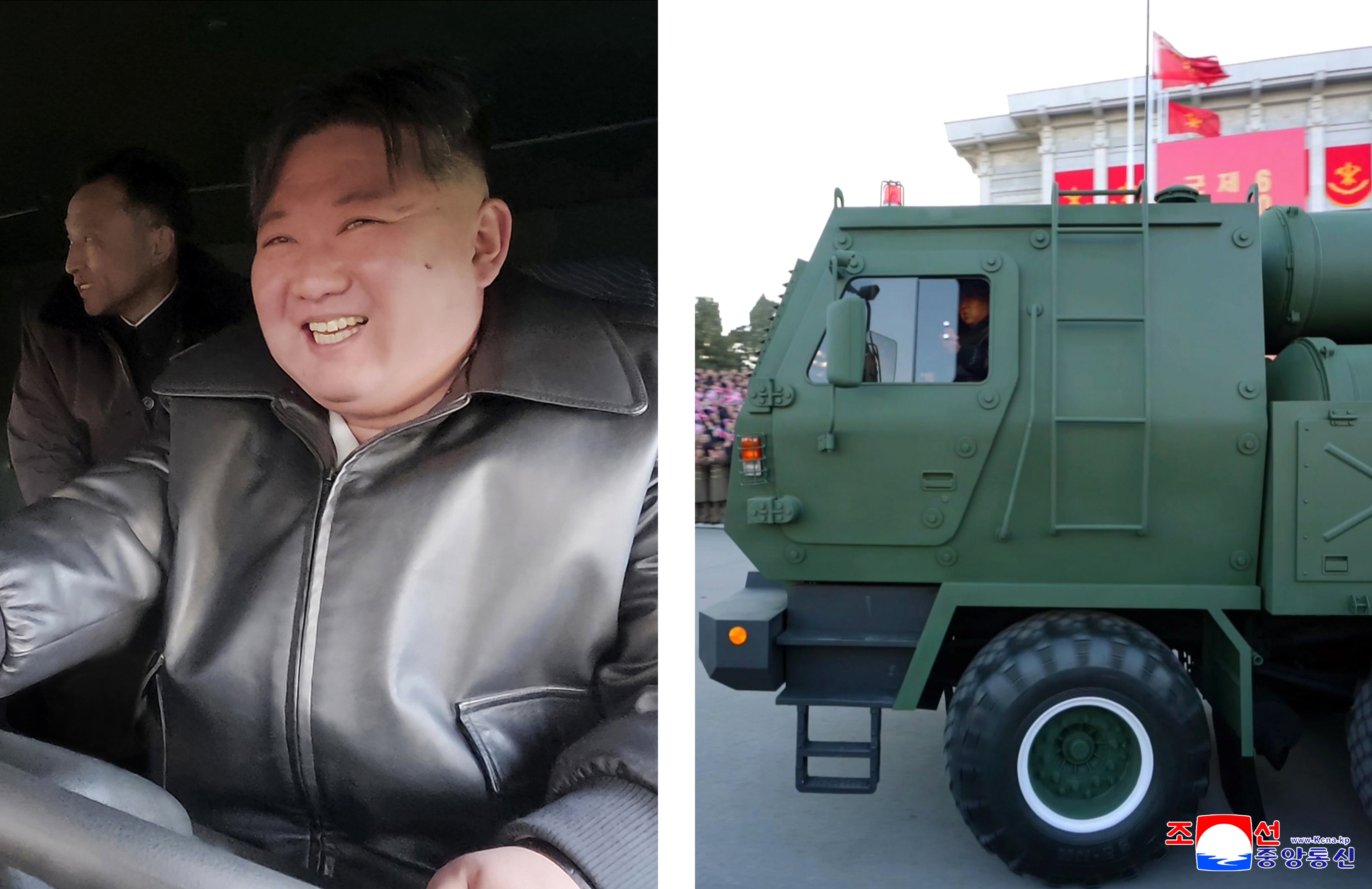North Korean leader Kim Jong-un drives a launcher vehicle during a presentation ceremony for  600mm-calibre rocket launchers on February 18. Photo: KCNA/EPA