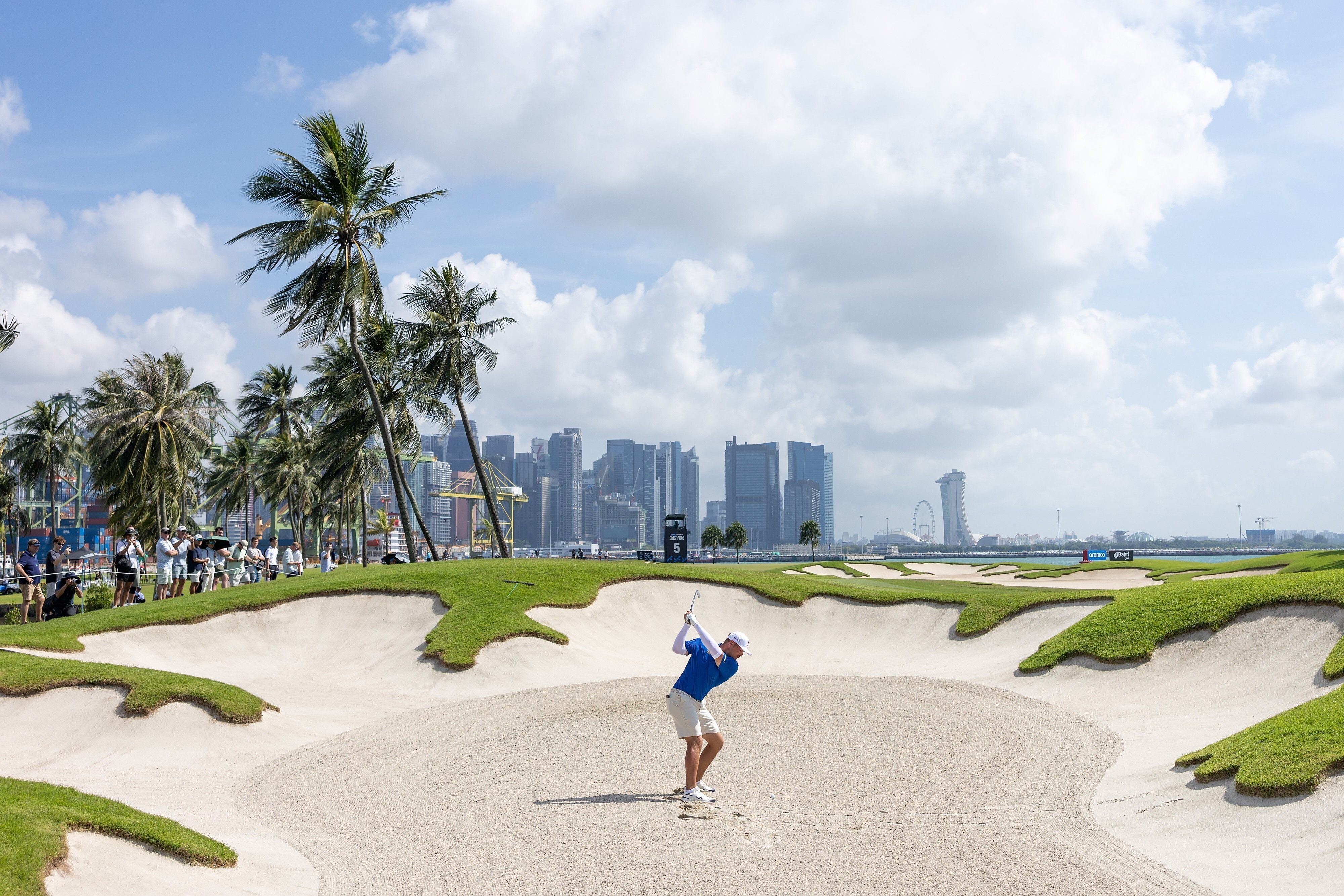Bryson DeChambeau, seen here at the fifth hole of the Sentosa Golf Club’s Serapong course, holds the lead at the LIV Golf Singapore tournament after two rounds. Photo: AP