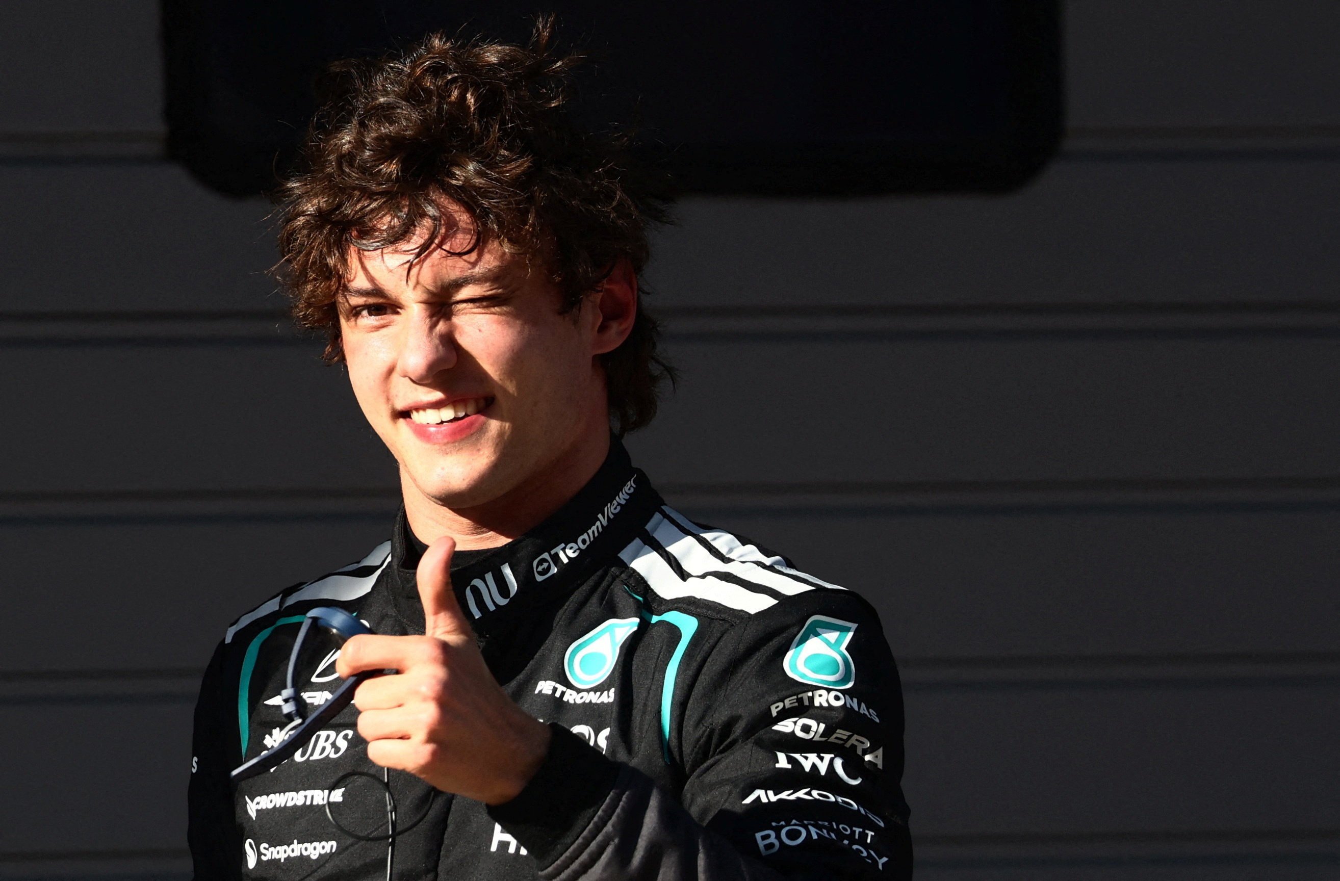 Mercedes’ Kimi Antonelli celebrates after qualifying in pole position for Sunday’s Chinese Grand Prix at the Shanghai International Circuit. Photo: Reuters