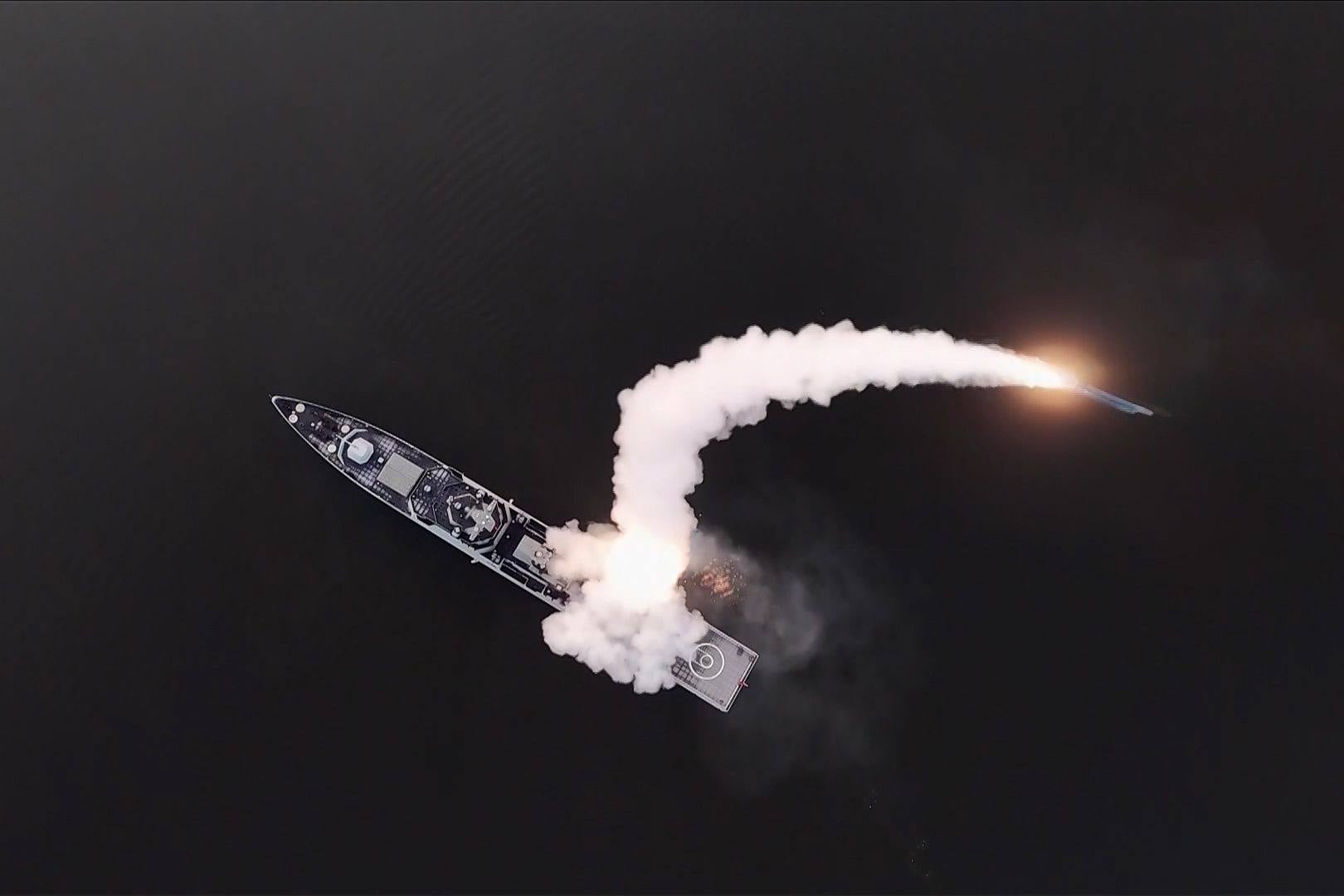 North Korea’s Choe Hyon destroyer test-fires strategic cruise missiles in the Yellow Sea on Tuesday. Photo: Yonhap/dpa