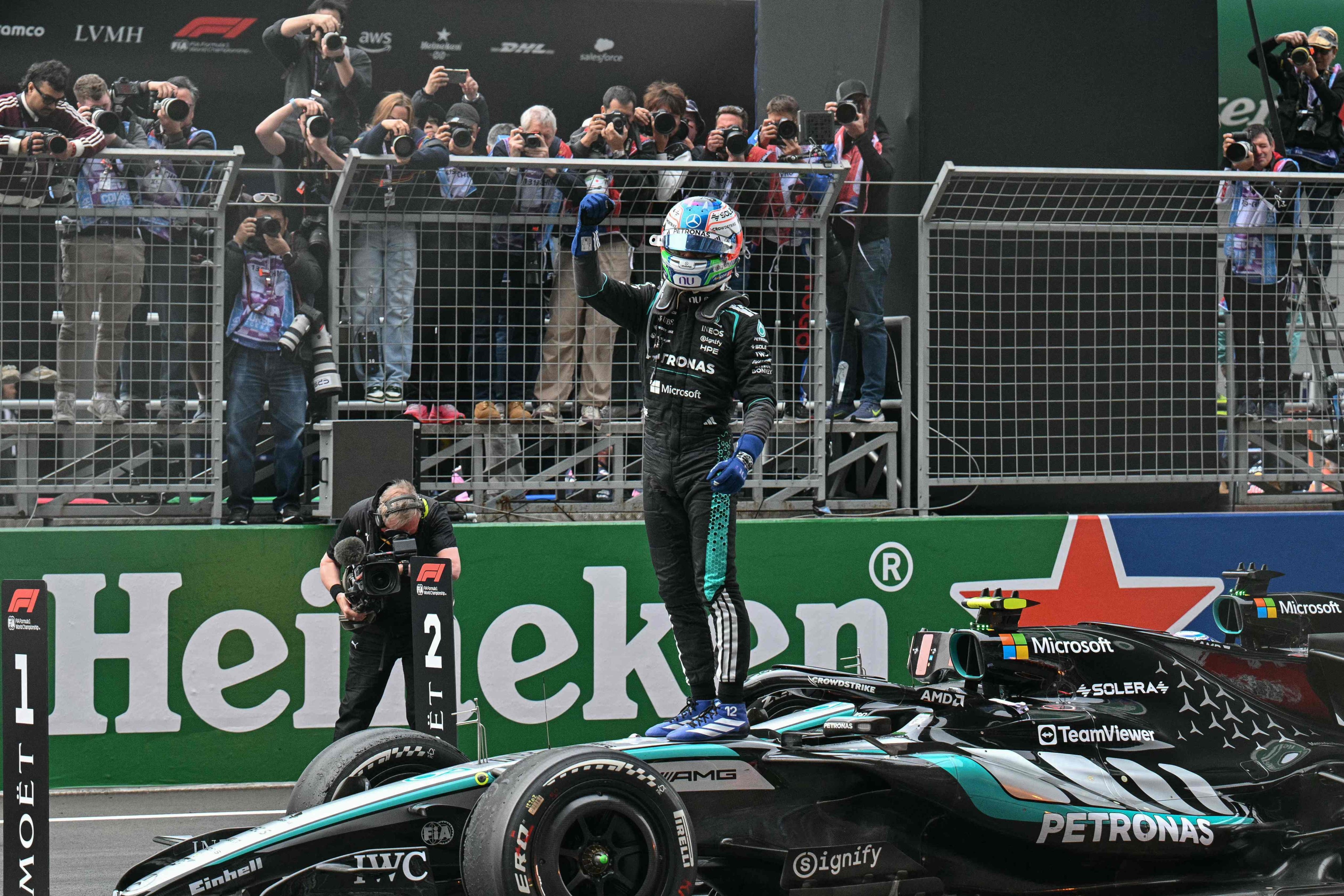Mercedes’ Italian driver Kimi Antonelli celebrates his victory at the Chinese Grand Prix. Photo: AFP