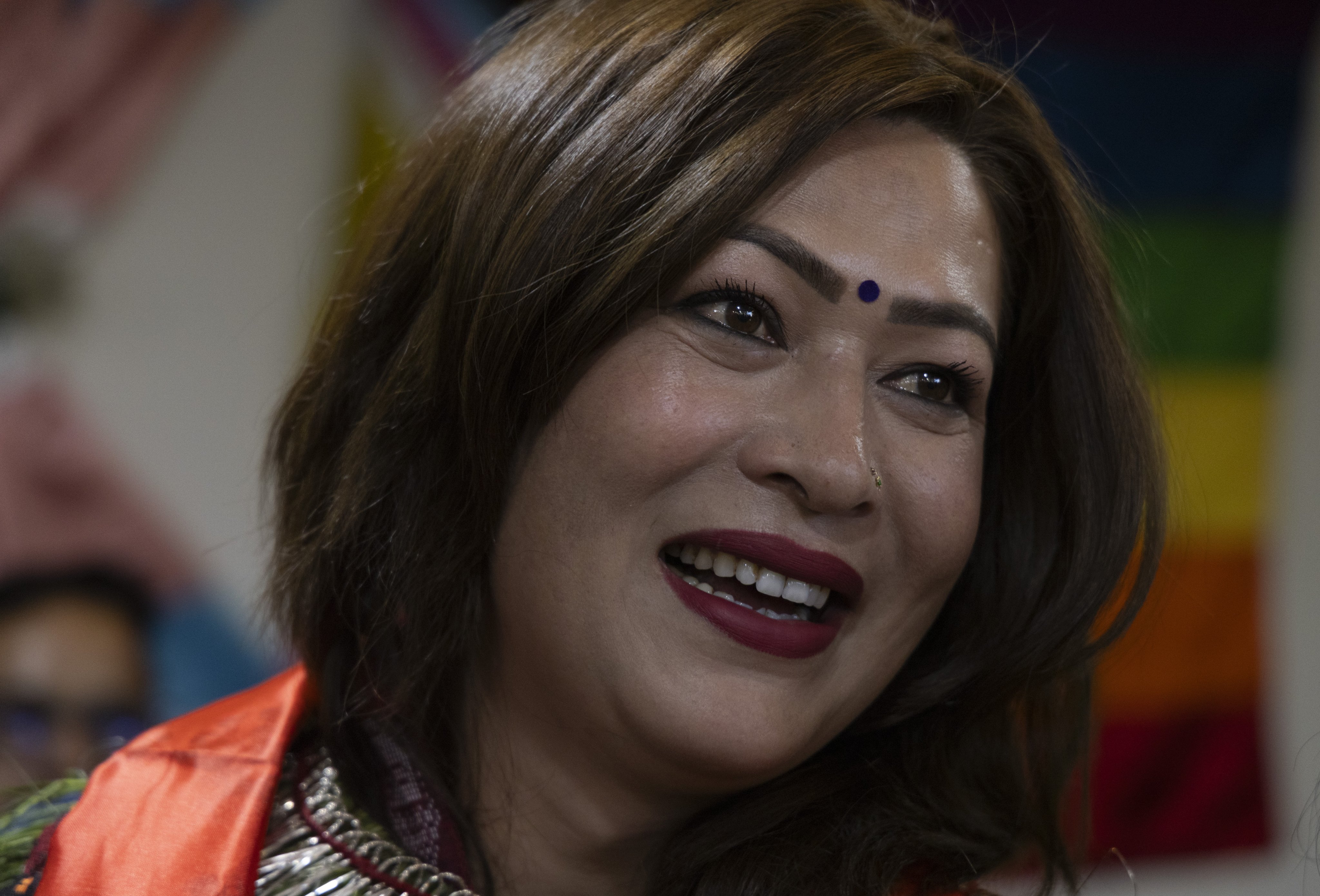 Bhumika Shrestha, Nepal’s first transgender woman to become a member of parliament, is congratulated by members of the LGBTQ community in Kathmandu on Monday. Photo: EPA