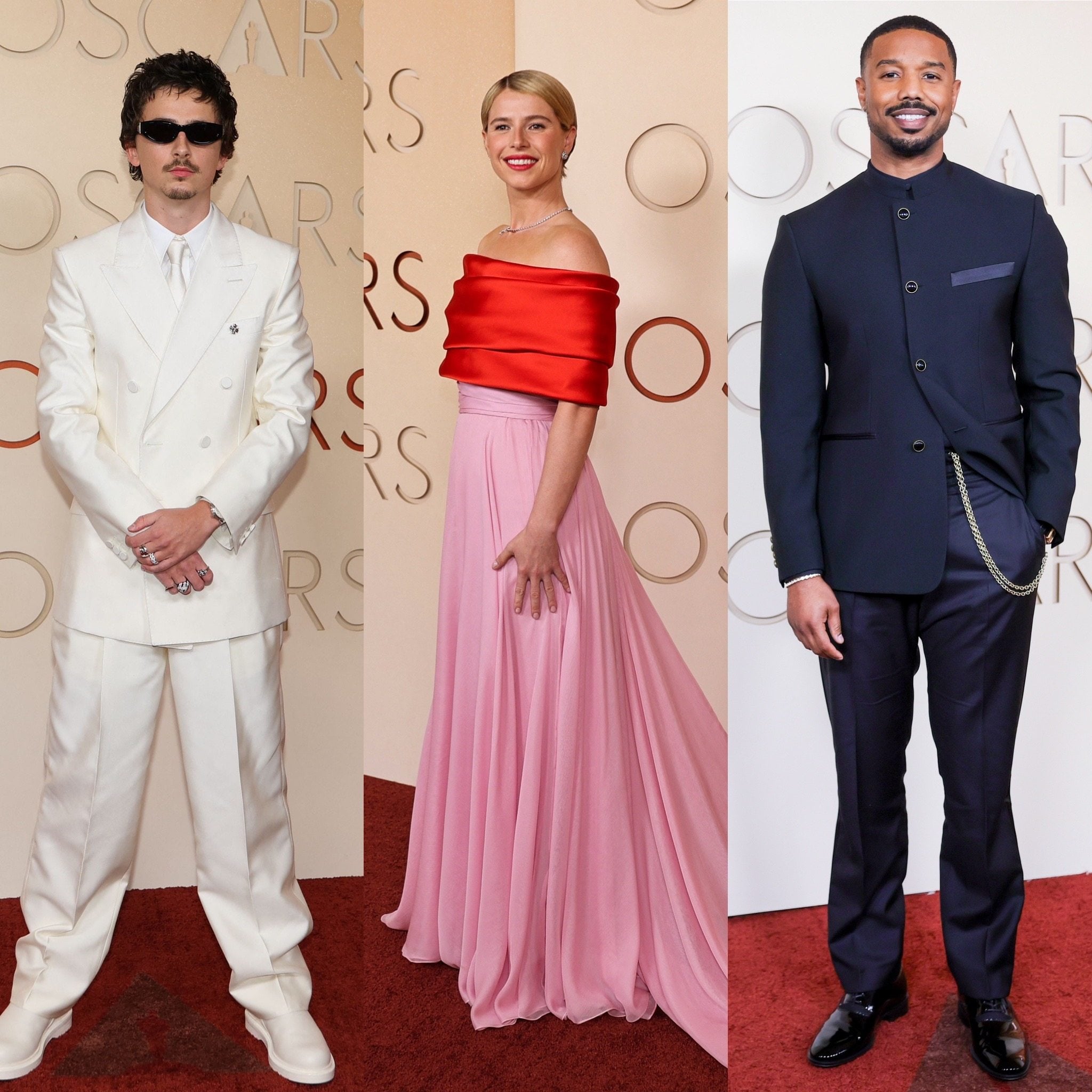 Timothée Chalamet in Givenchy, Jessie Buckley in Chanel, and Michael B. Jordan in Louis Vuitton on the Oscars 2026 red carpet. Photos: AFP, Reuters, EPA