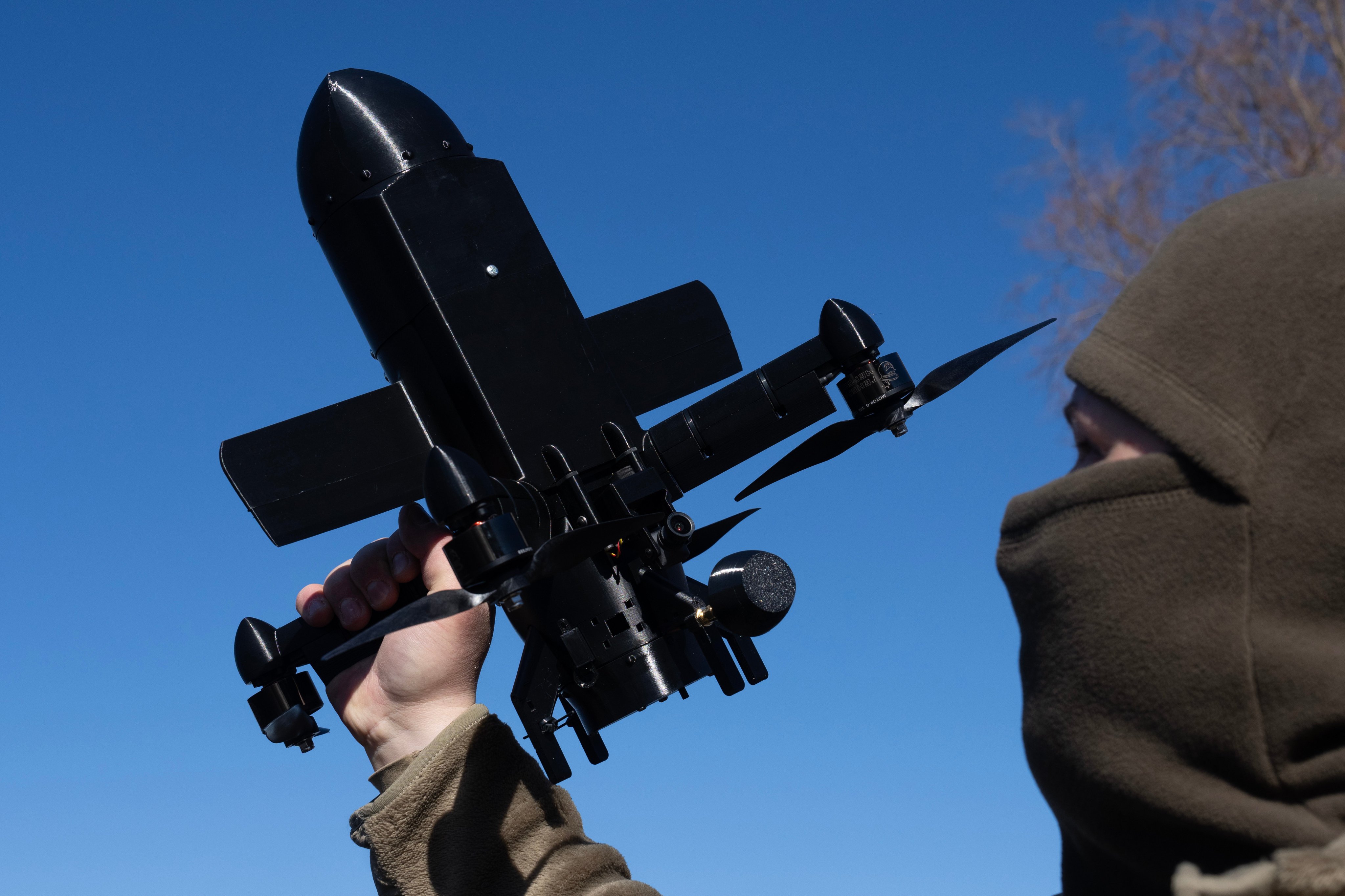 An instructor from the Ukrainian company General Cherry demonstrates the operation of an anti-air interceptor drone designed to destroy Russian attack drones, in Kyiv on Wednesday. Photo: AP