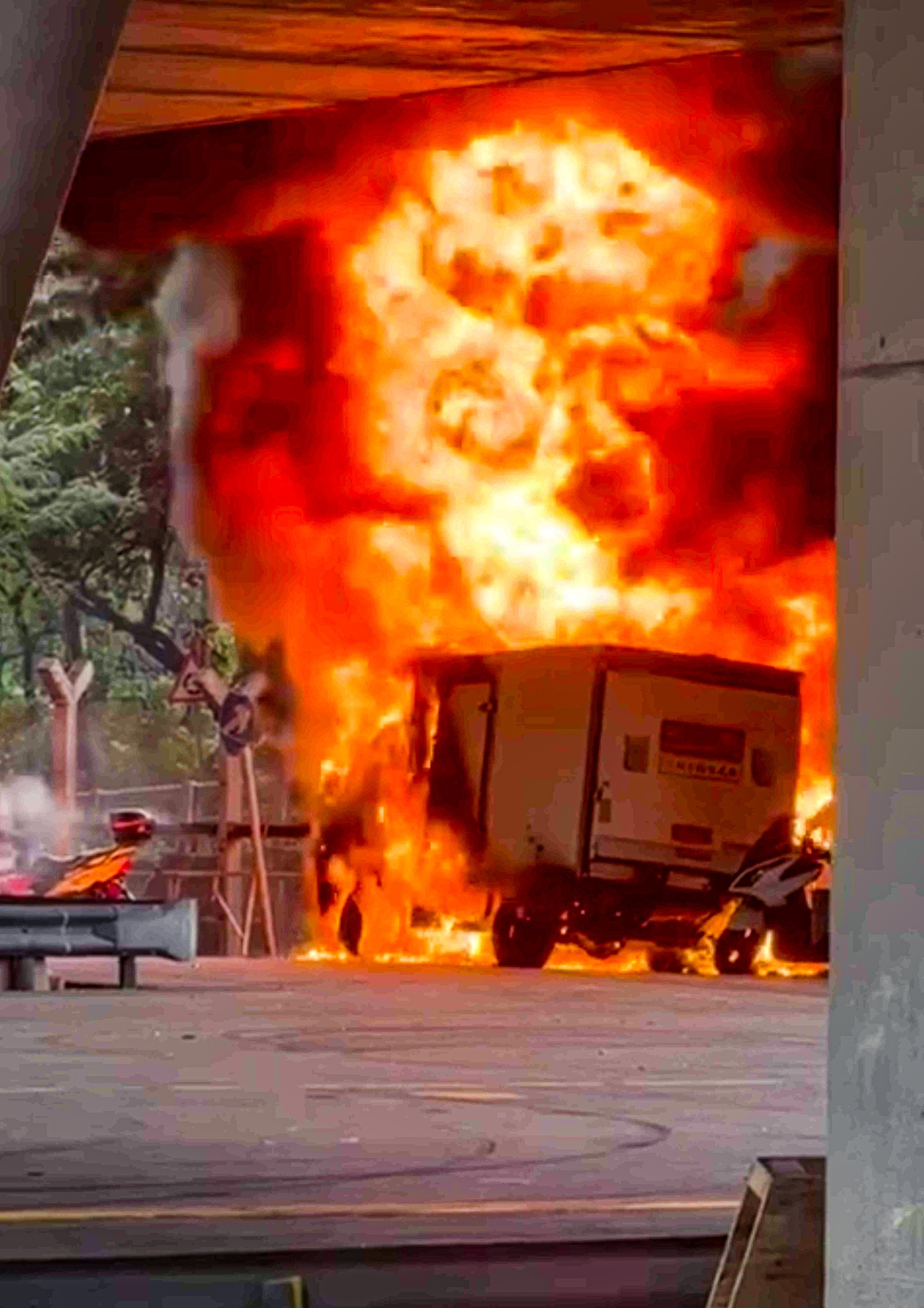 The truck is engulfed by a fierce fire in Kwai Chung. Photo: Handout