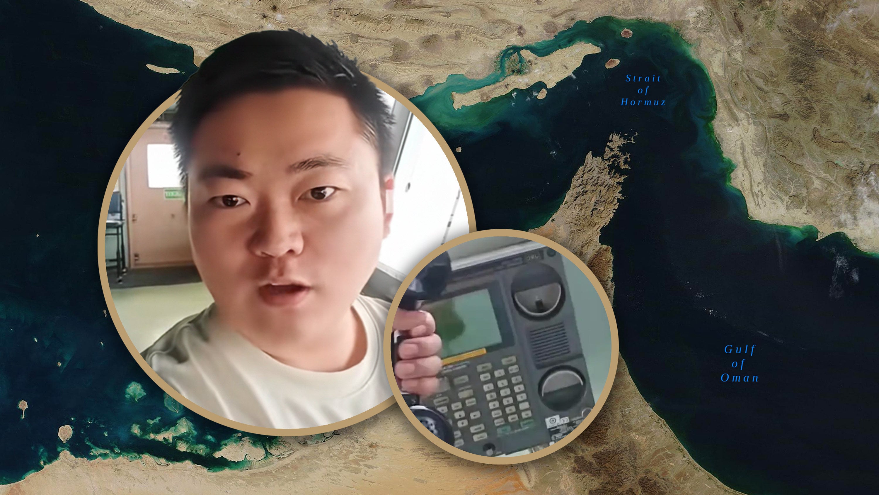 A Chinese sailor near the banks of the Strait of Hormuz has created a temporary “home letter radio station” as many ships remain stranded and unable to contact families in China due to poor telecom signals. Photo: SCMP composite/Shutterstock/Douyin