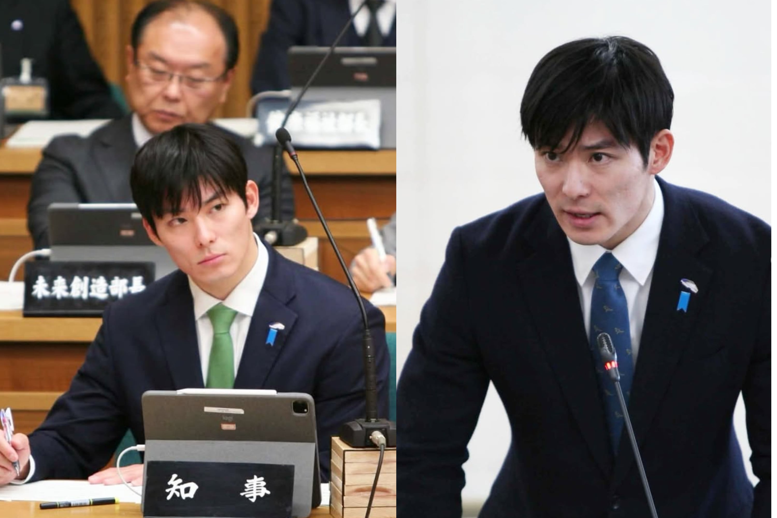 Left: Takato Ishida, the 36-year-old governor of Fukui, attends a session of the prefectural assembly. Right: Ishida attending the Special Committee on Anti-Harassment on Monday. Photos: Instagram / ishida.takato