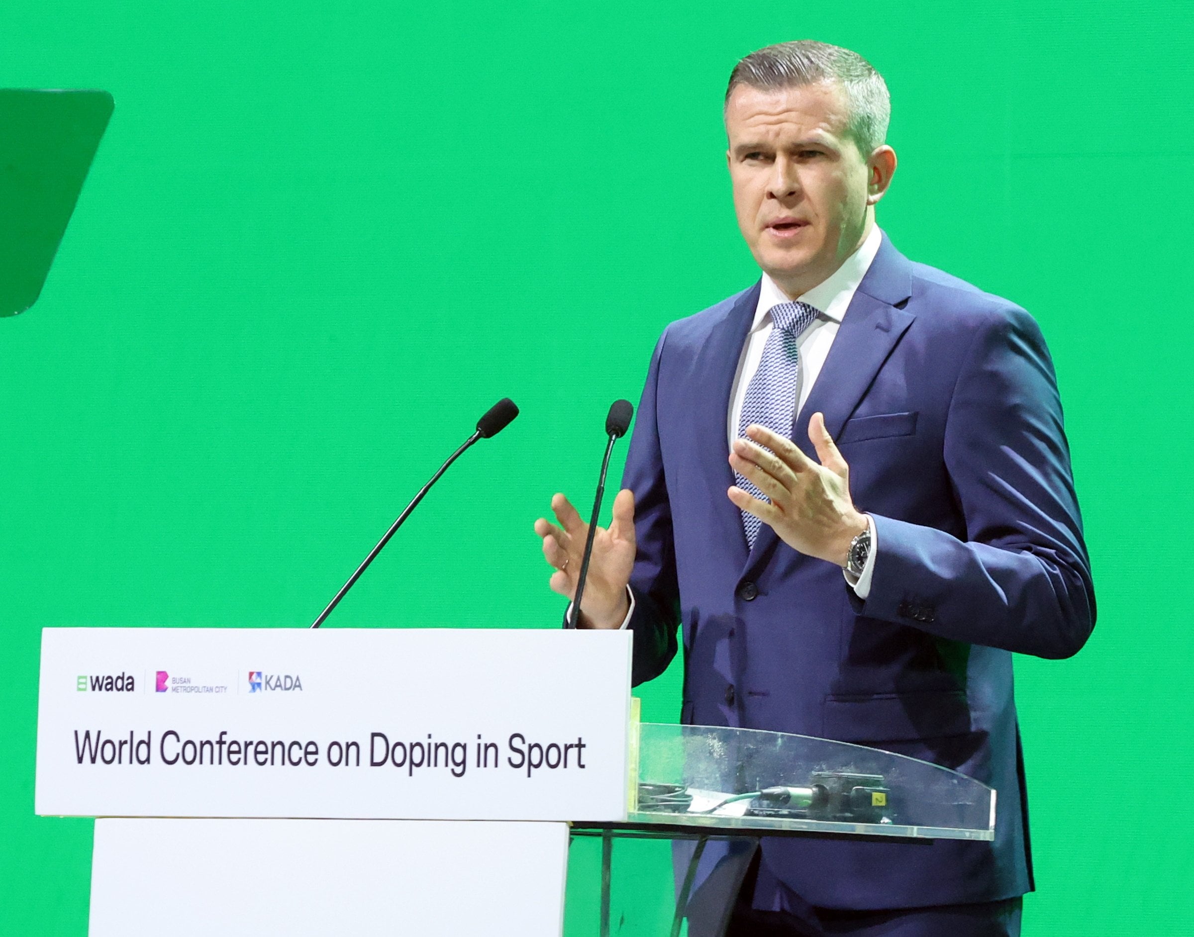 The World Anti-Doping Agency’s Witold Banka addresses the opening ceremony of the sixth World Conference on Doping in Sport. Photo: EPA