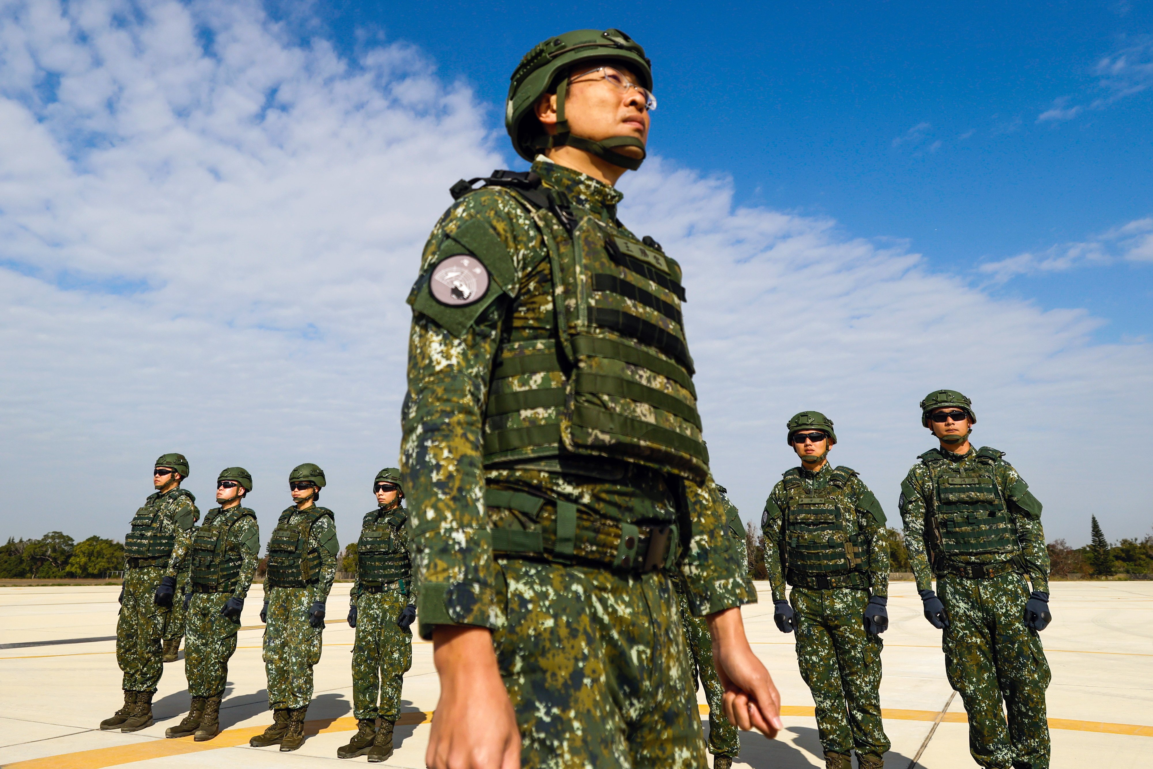 Taiwanese military personnel line up before the activation of a Patriot Advanced Capability-3 (PAC-3) missile launcher during a drill in Taichung, Taiwan, in January 2025. Photo: EPA-EFE