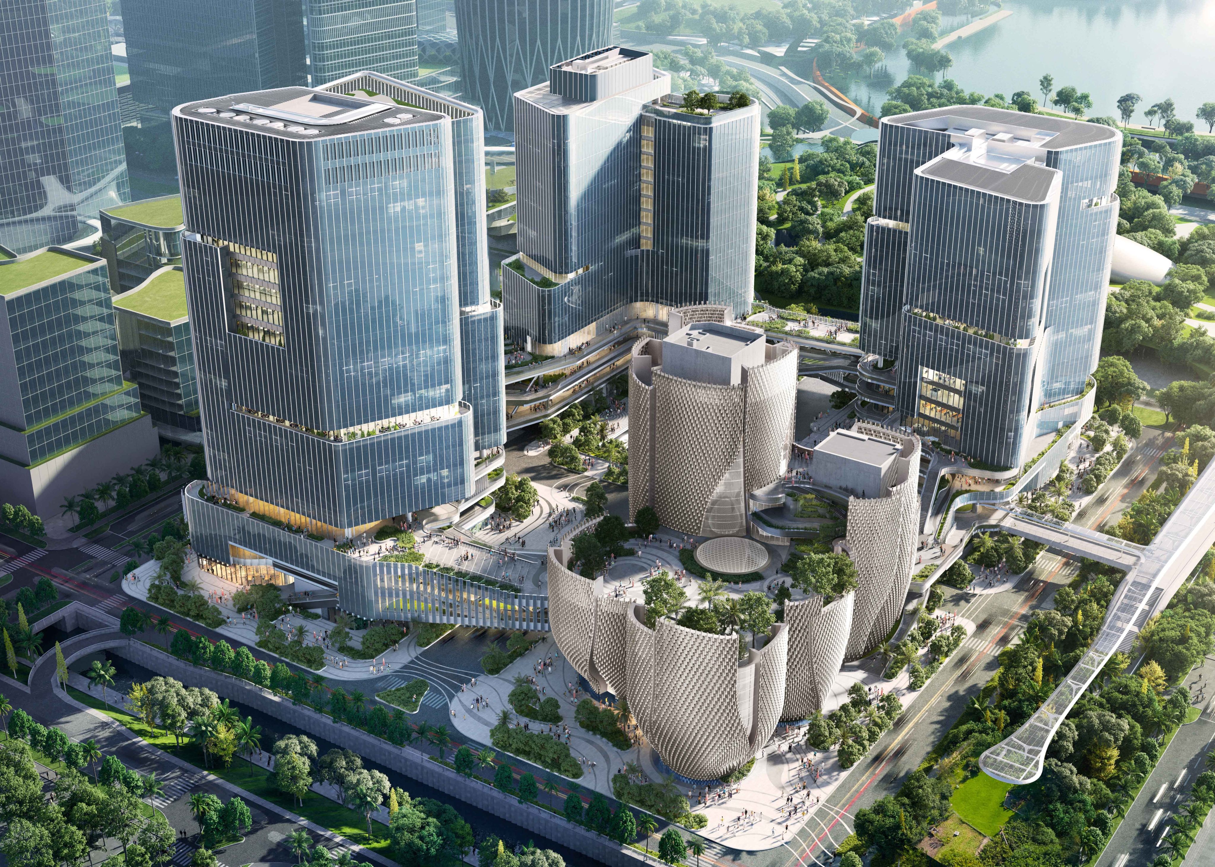 A computer-generated image of the M80 Campus in Shenzhen’s Houhai area. Rong Museum is going to be one of four towers forming the M80 Campus. Photo: Buro Ole Scheeren