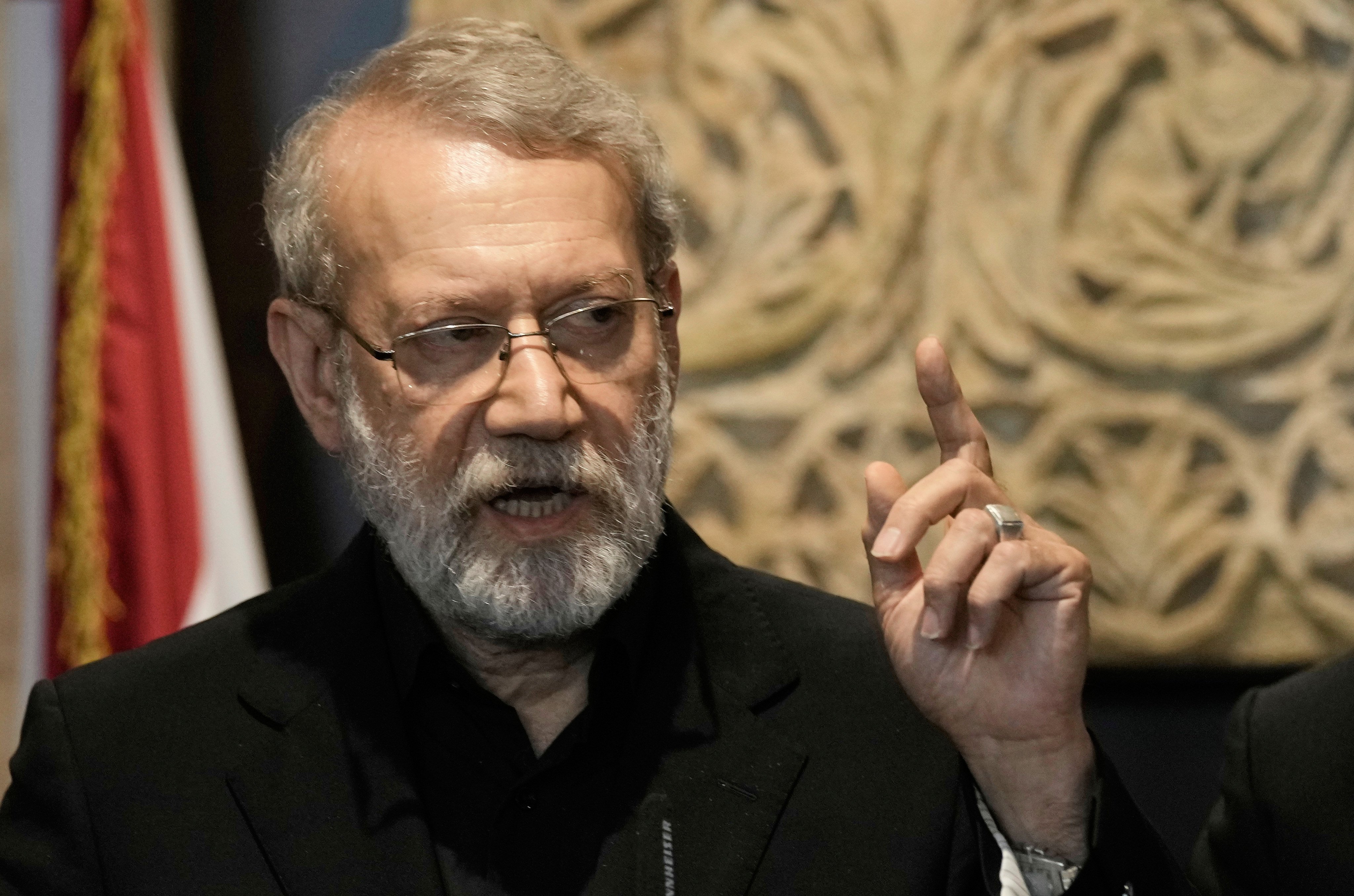 Iranian Secretary of Supreme National Security Council Ali Larijani speaks during a press conference on August 13, 2025. Photo: AP